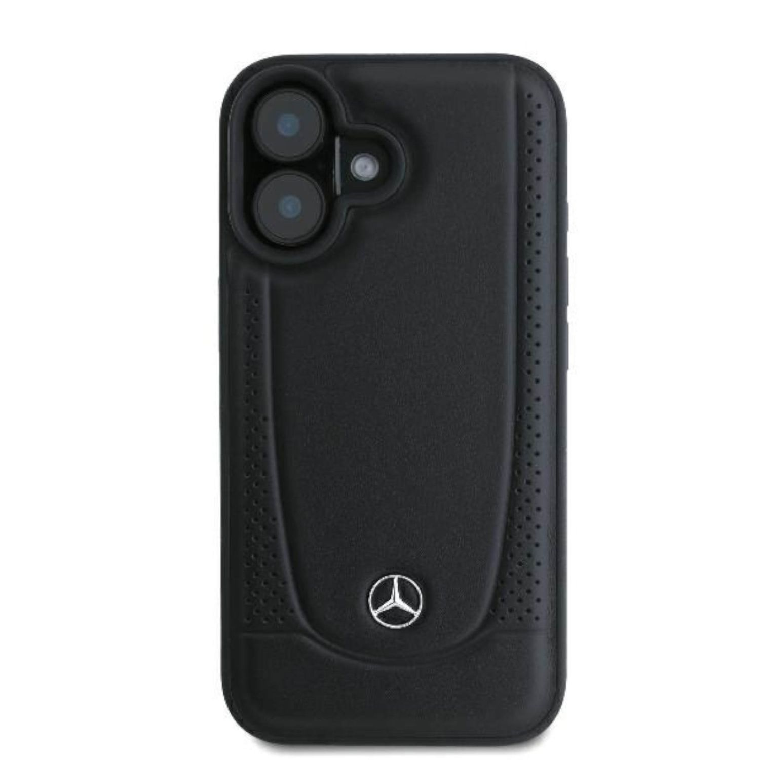 Una custodia nera per telefono con logo Mercedes e ritagli per la fotocamera. La custodia è strutturata.