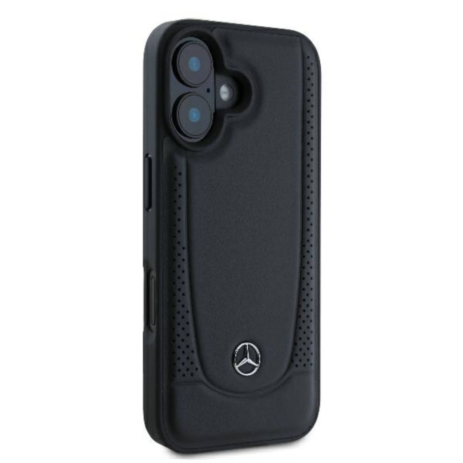 Custodia nera per telefono con logo Mercedes-Benz e protezione dell'obiettivo della fotocamera.