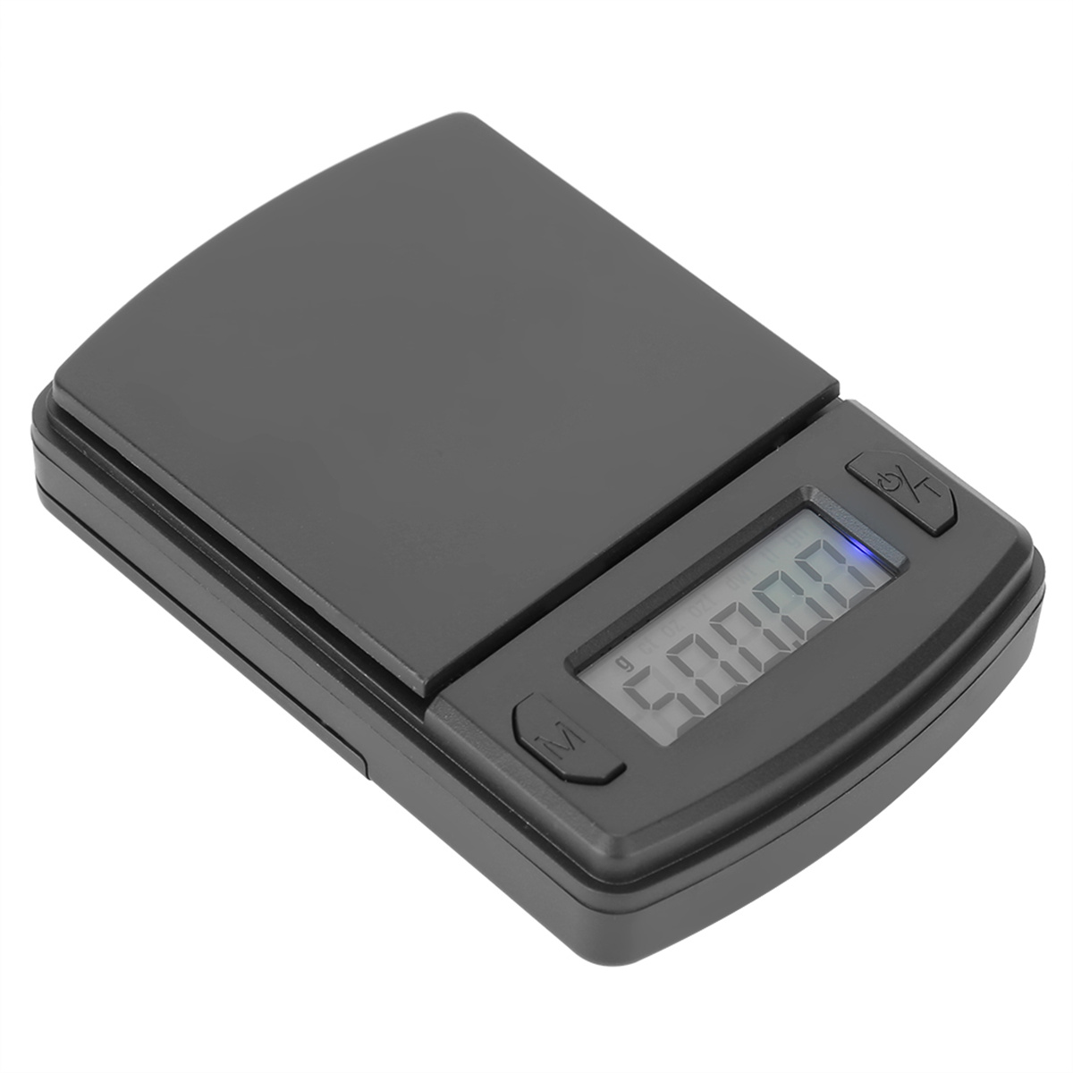 Eine dunkelgraue digitale Taschenwaage ist abgewinkelt. Sie zeigt eine Anzeige von 0,0000.