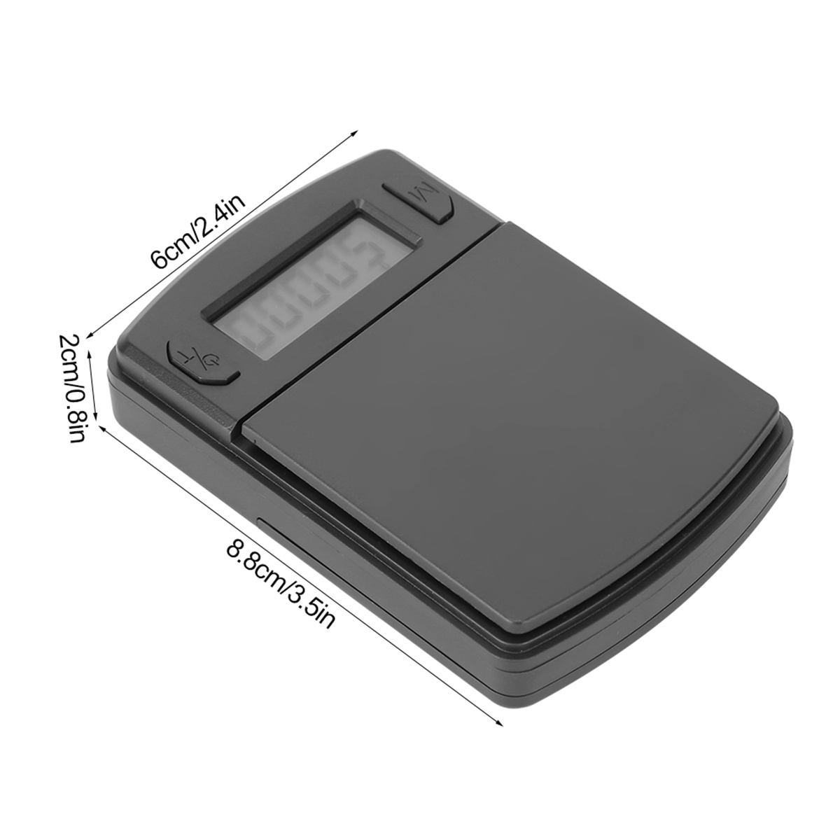 Kleine graue Digitalwaage mit Maßen: 6cm/2.4in, 2cm/0.8in, 8.8cm/3.5in.