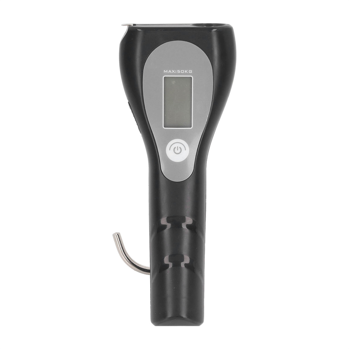 Schwarze digitale Gepäckwaage mit Haken und LCD-Bildschirm. Der Bildschirm zeigt 'MAX:50KG'.