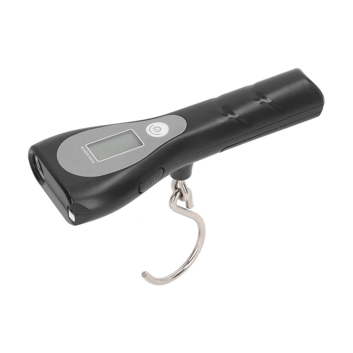 Schwarze digitale Gepäckwaage mit Haken. Zeigt Bildschirm mit digitaler Anzeige und Ein/Aus-Taste.