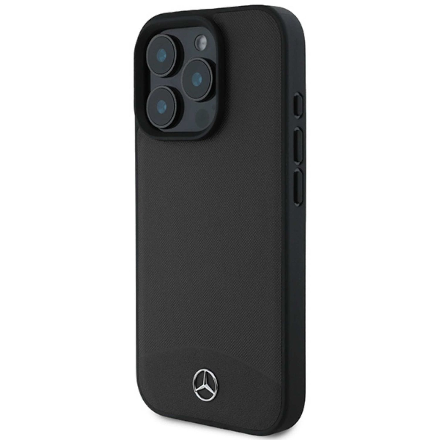 Custodia nera per telefono con logo Mercedes e lenti della fotocamera.