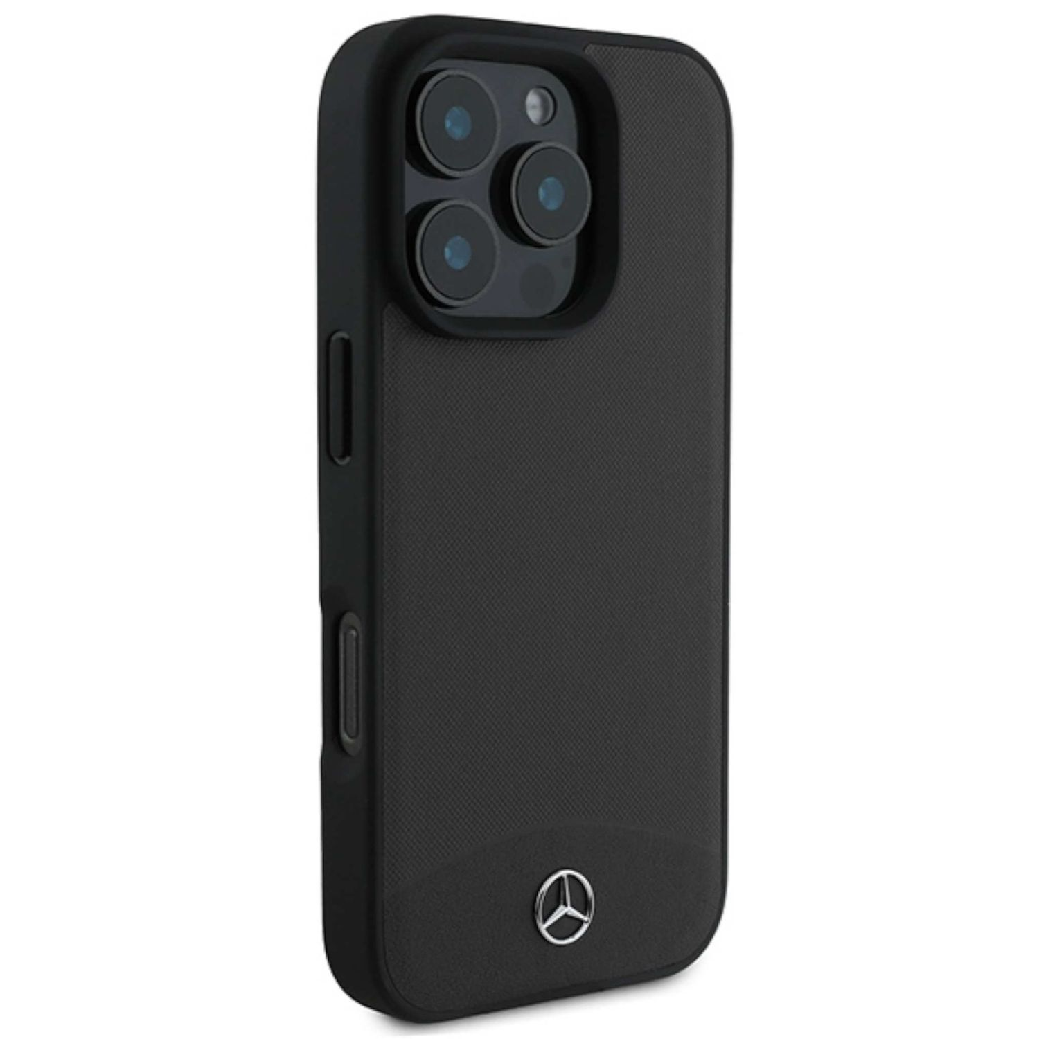 Custodia per telefono nera con logo Mercedes e tre lenti della fotocamera. Sfondo bianco.