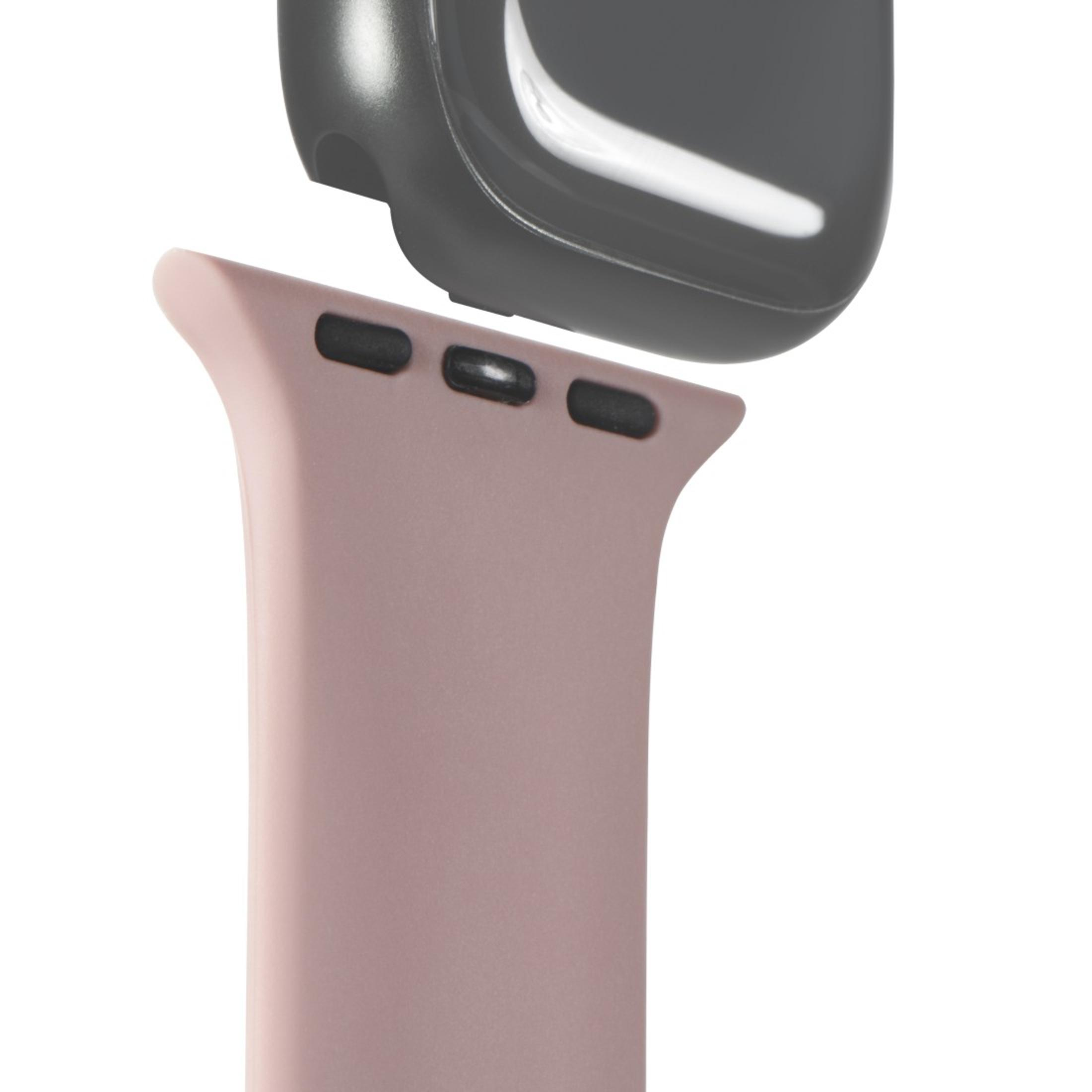 Due parti di un cinturino, rosa chiaro e grigio scuro. Il cinturino ha fori.