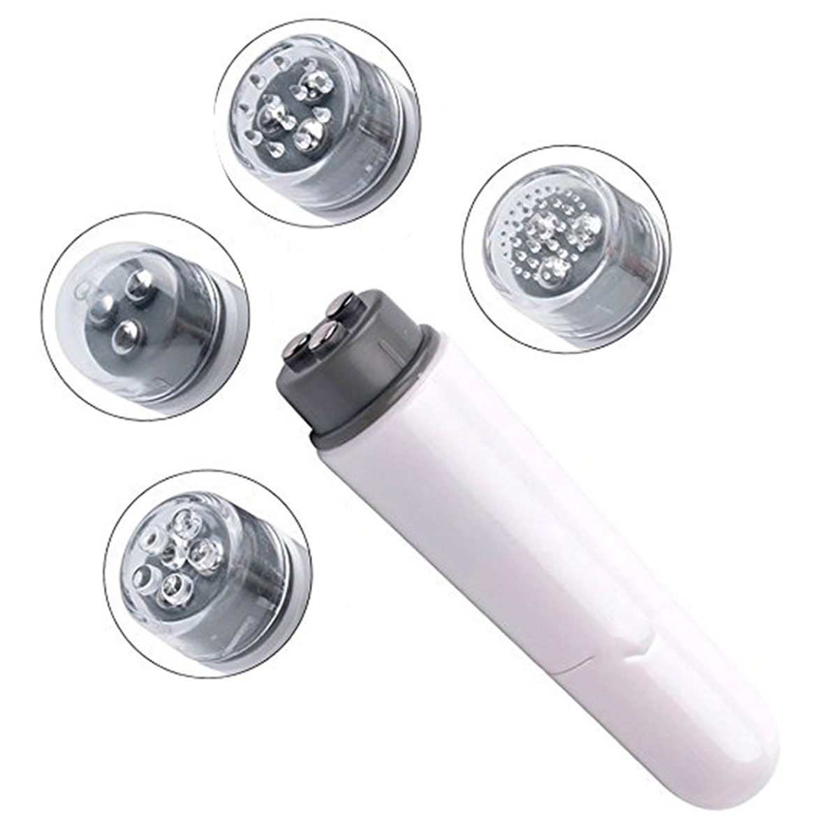 Ein weißes Schönheitsgerät mit mehreren Aufsätzen und einer Reihe von LEDs um jeden Aufsatz herum.