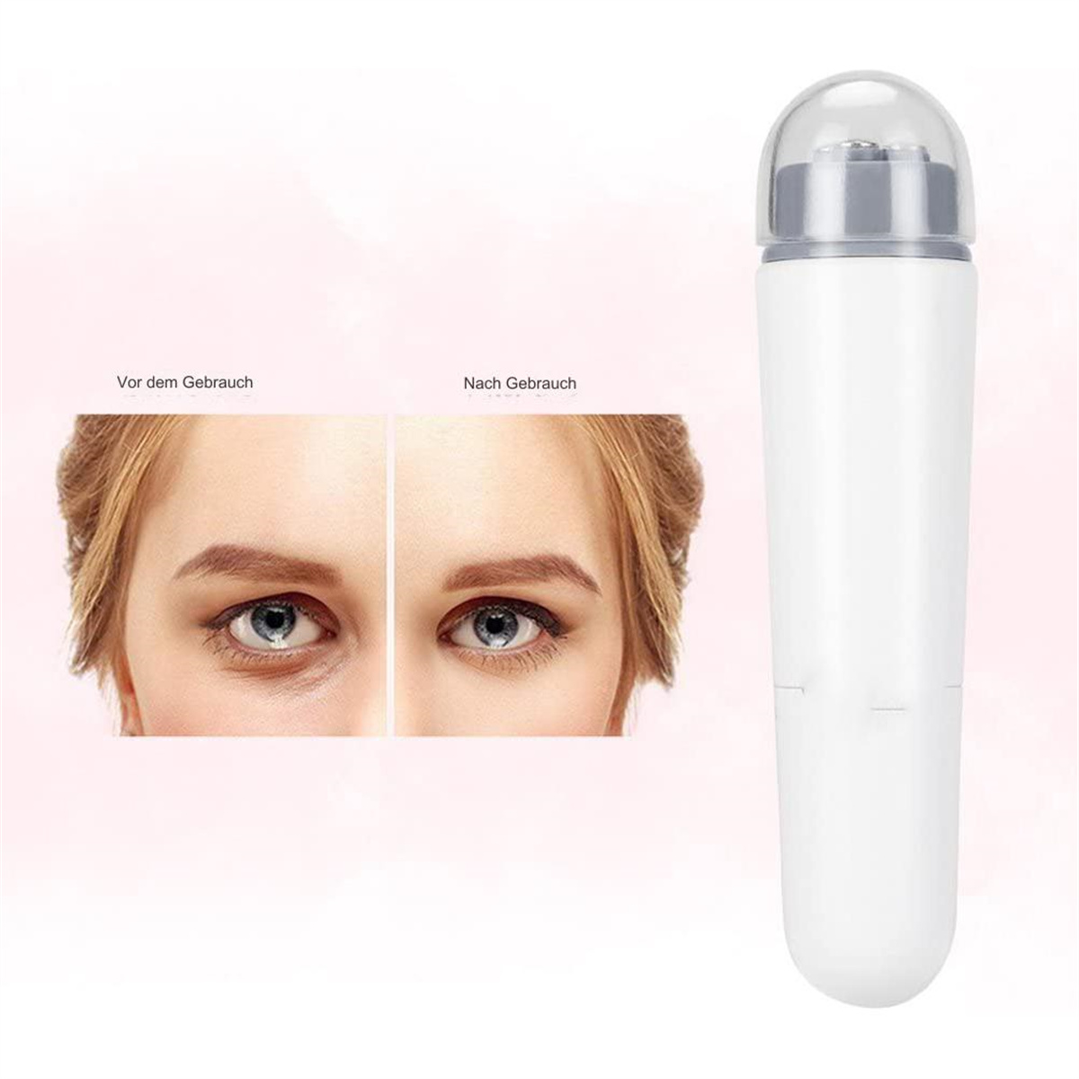 Ein weißes Gerät mit klarem Kopf, gezeigt mit einem Vorher-Nachher-Bild von Augen.
