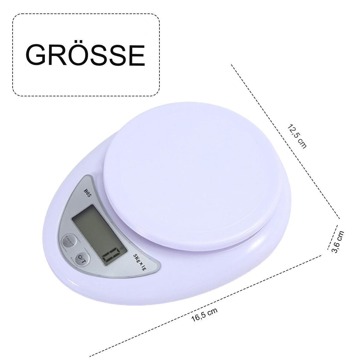 Eine weiße digitale Küchenwaage mit einer Schüssel darauf. Der Text lautet 'GRÖSSE' und Abmessungen sind angegeben.
