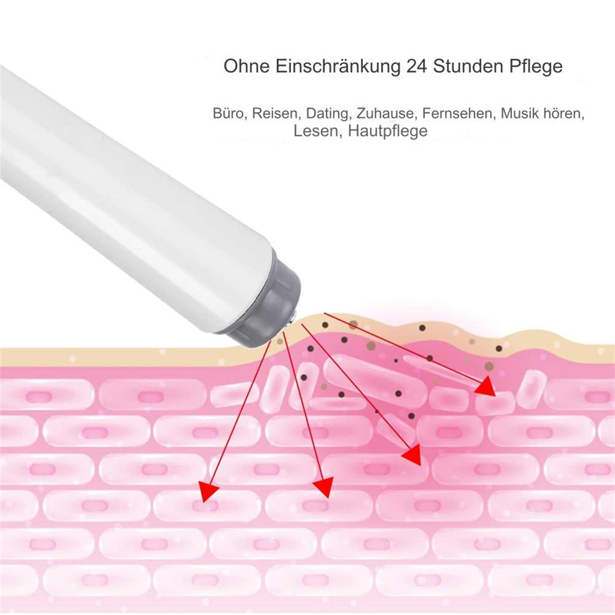 Eine Illustration, die ein Gerät zeigt, das eine Behandlung auf die Haut aufträgt, mit roten Pfeilen.