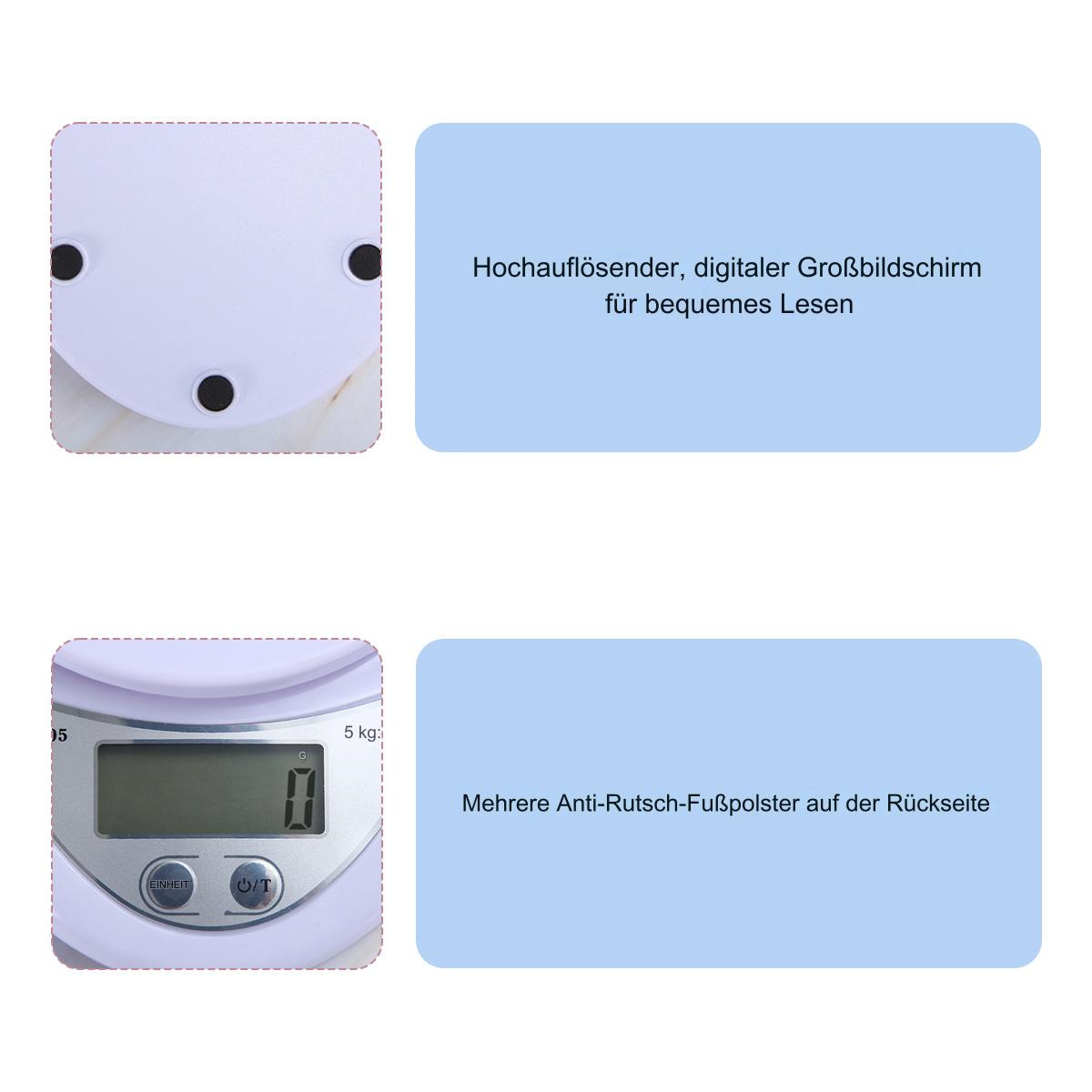 Zwei Bilder einer weißen digitalen Küchenwaage. Text auf Deutsch beschreibt Funktionen.