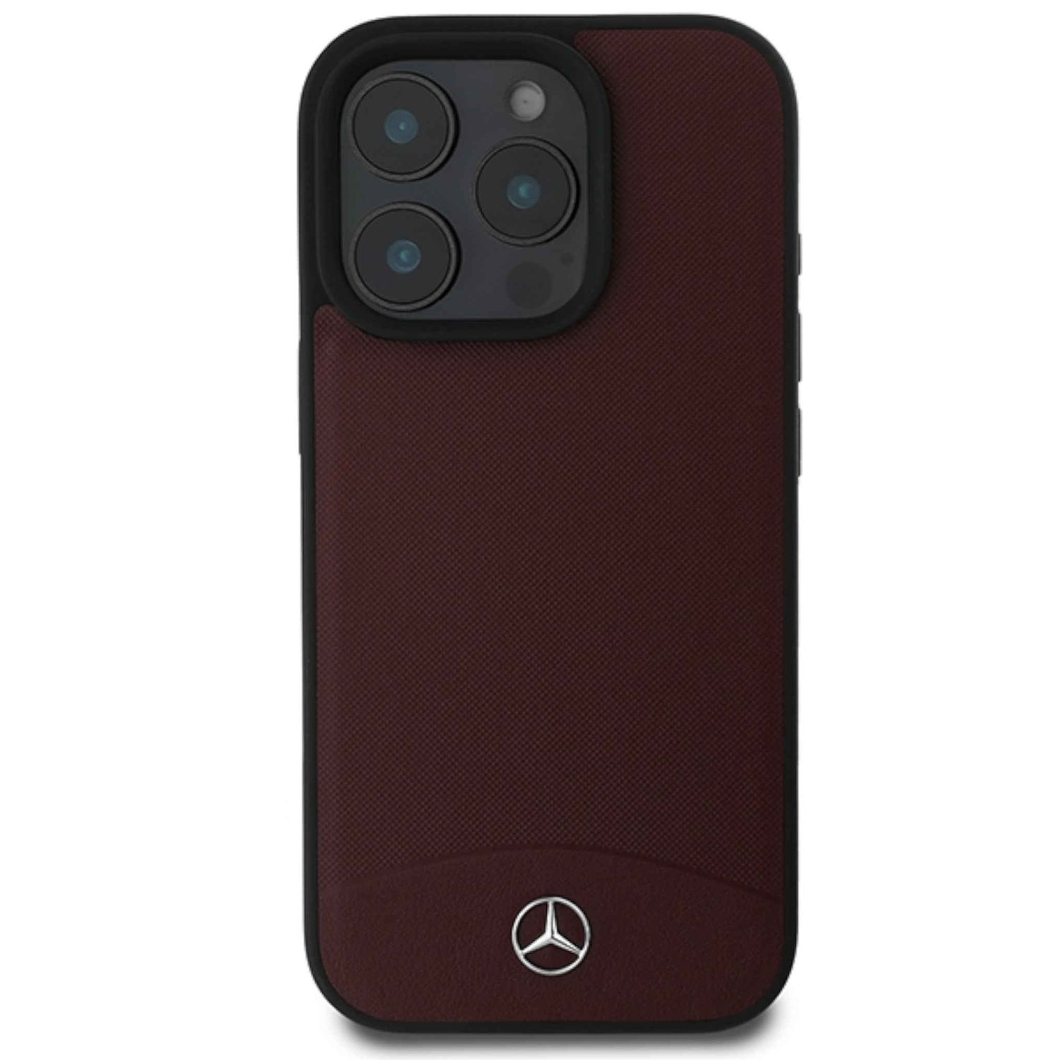 Burgunderfarbene Handyhülle auf weißem Hintergrund. Die Hülle hat einen schwarzen Rand und ein silbernes Mercedes-Logo.
