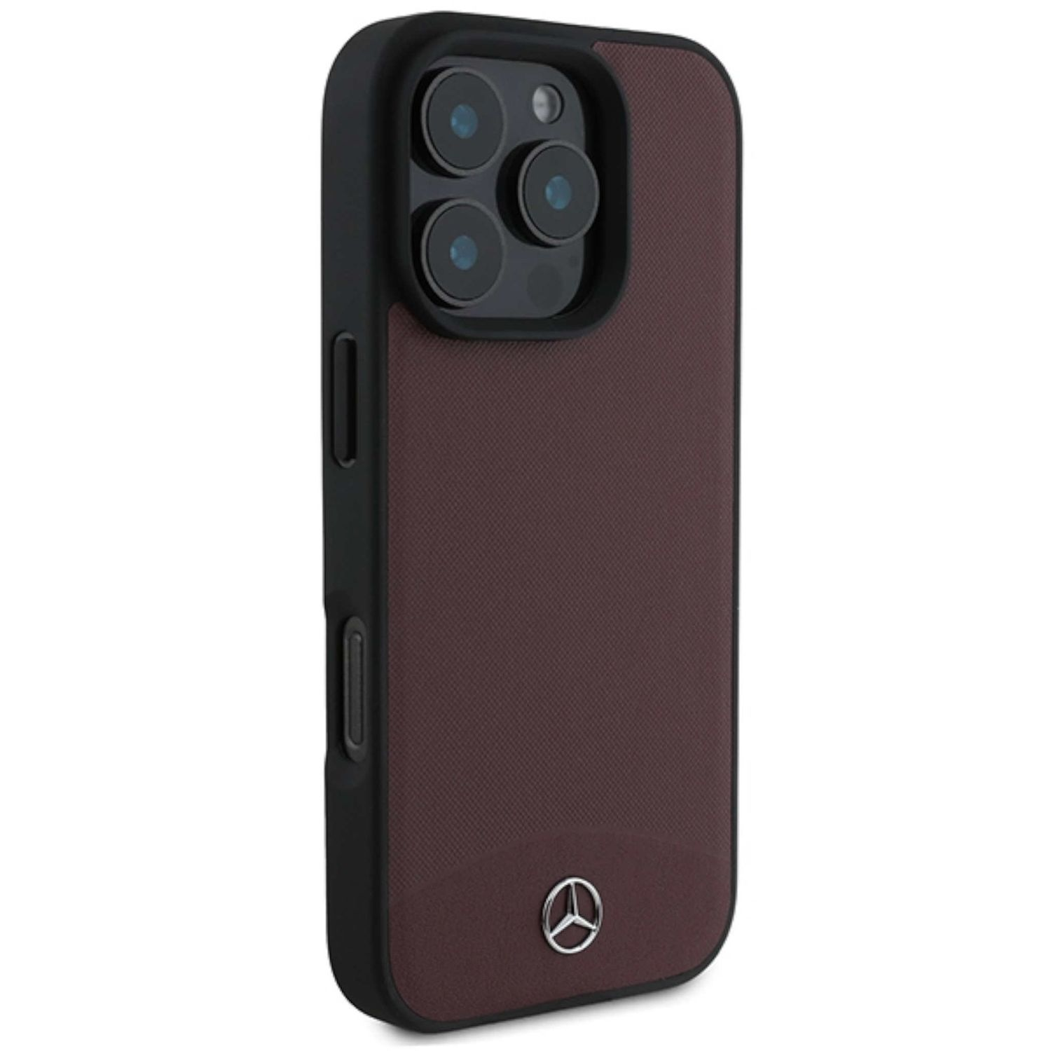 Burgunderfarbene Handyhülle mit schwarzer Kamera und silbernem Logo.