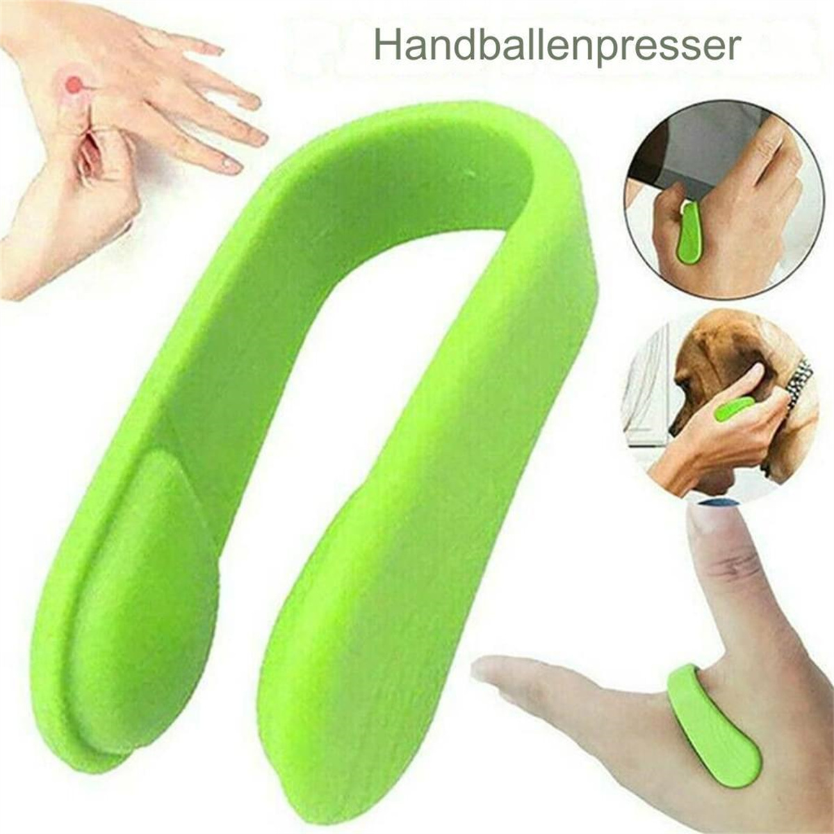 Ein grünes Werkzeug, das an Fingern, einer Hand und einer Hundepfote verwendet wird.