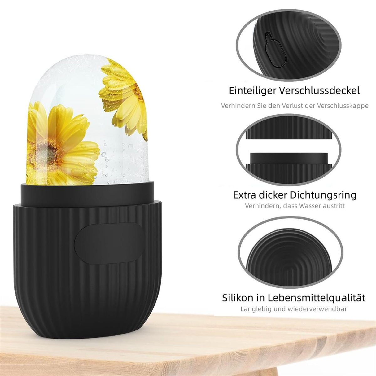 Ein Eiswürfelbehälter mit einer gelben Blume im Inneren und Details zum Deckel und Dichtungsring.