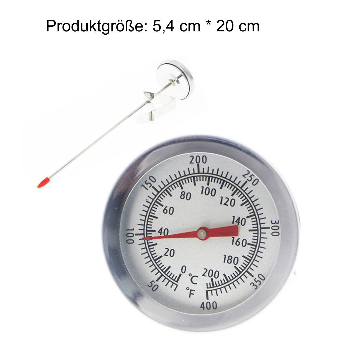 Ein Metallthermometer mit roter Nadel, das die Temperatur in Celsius und Fahrenheit misst.