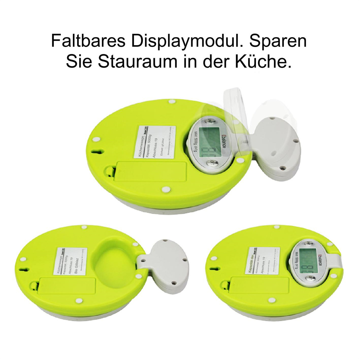 Drei grüne, zusammenklappbare Küchenwaagen mit einer Anzeige, die ein Gewicht von 19 Gramm zeigt.