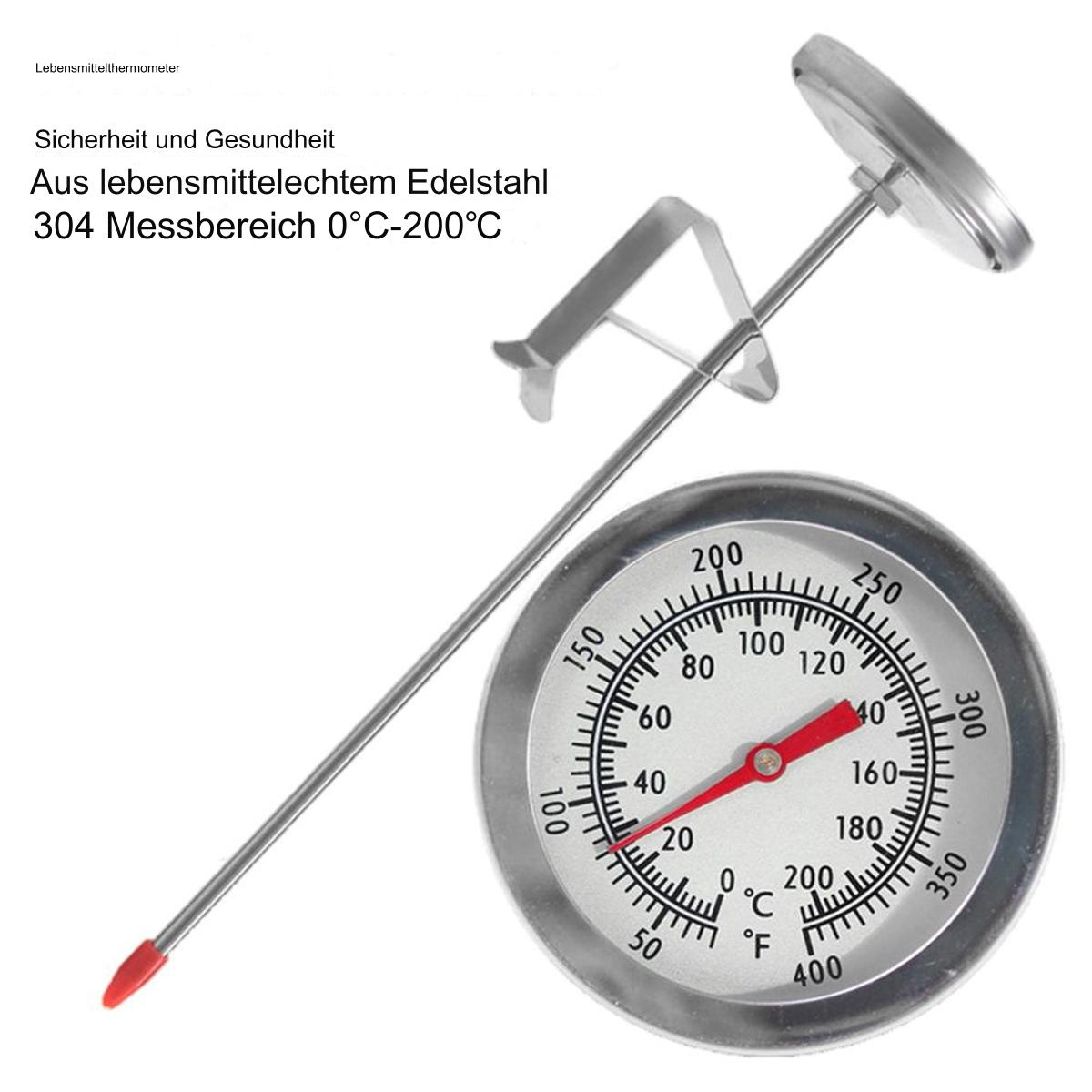 Ein Lebensmitteltemperaturmesser mit einem runden Zifferblatt, das die Temperatur in Celsius und Fahrenheit anzeigt.