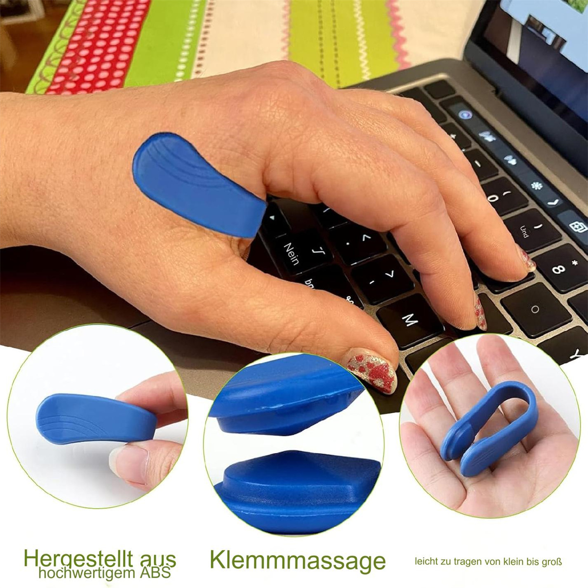 Hand benutzt einen blauen Finger-Trainer. Unten Nahaufnahmen des Geräts und Text auf Deutsch.