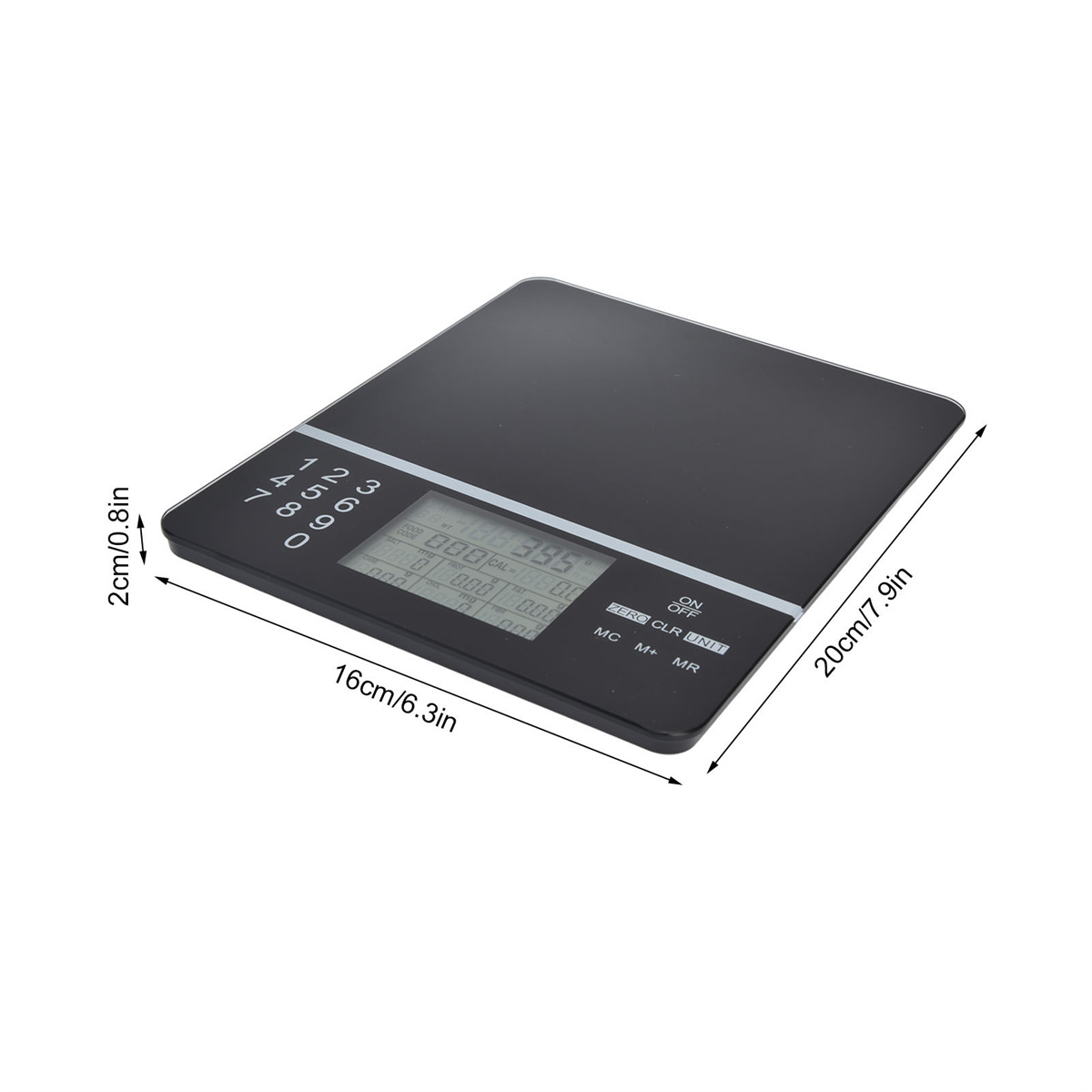 Schwarze digitale Küchenwaage mit Gewichts-Anzeige und Maßangaben.
