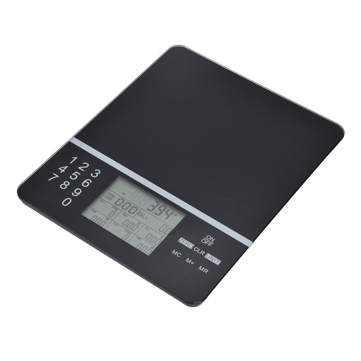 Schwarze digitale Küchenwaage mit Tasten und einer Anzeige, die 394g zeigt.