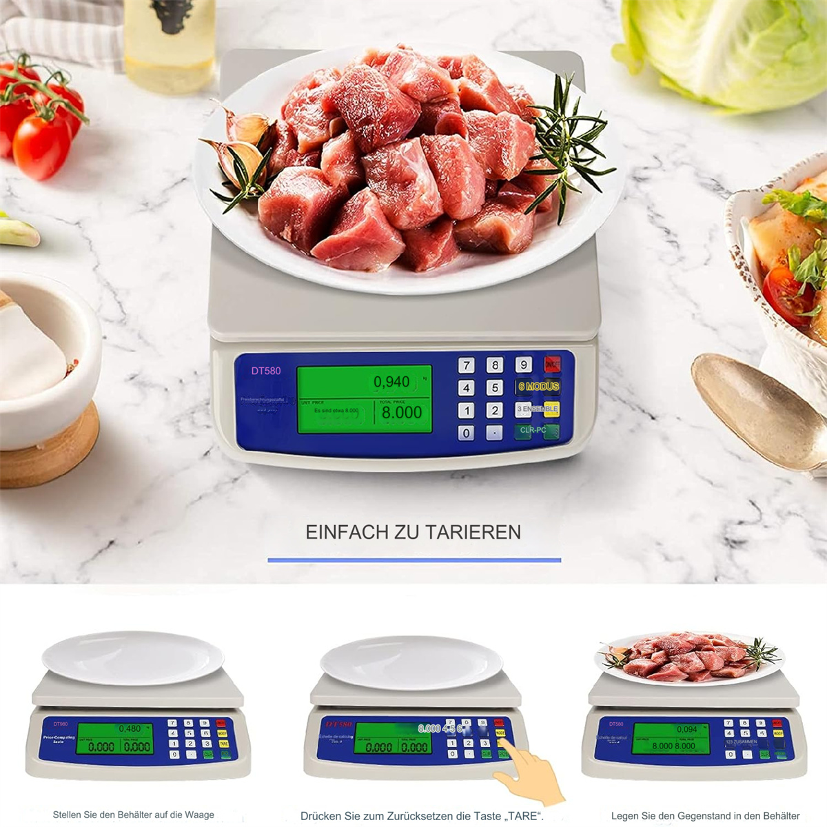 Digitale Küchenwaage mit rohem Fleisch darauf. Unten, drei Bilder der Waagenverwendung mit Text.