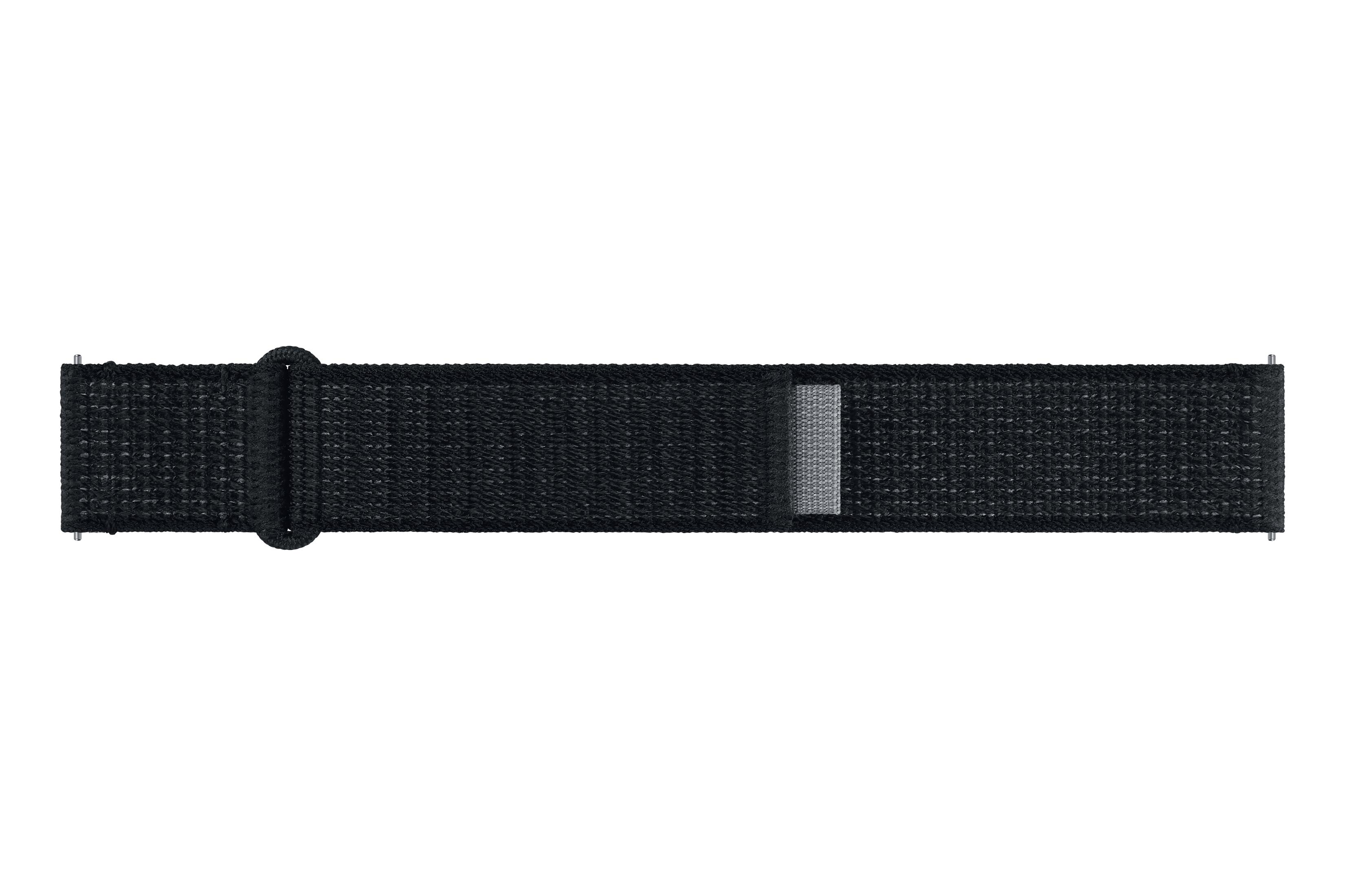 Schwarzes Uhrenarmband mit Klettverschluss, das die Schlaufen- und Hakenteile des Armbands zeigt.