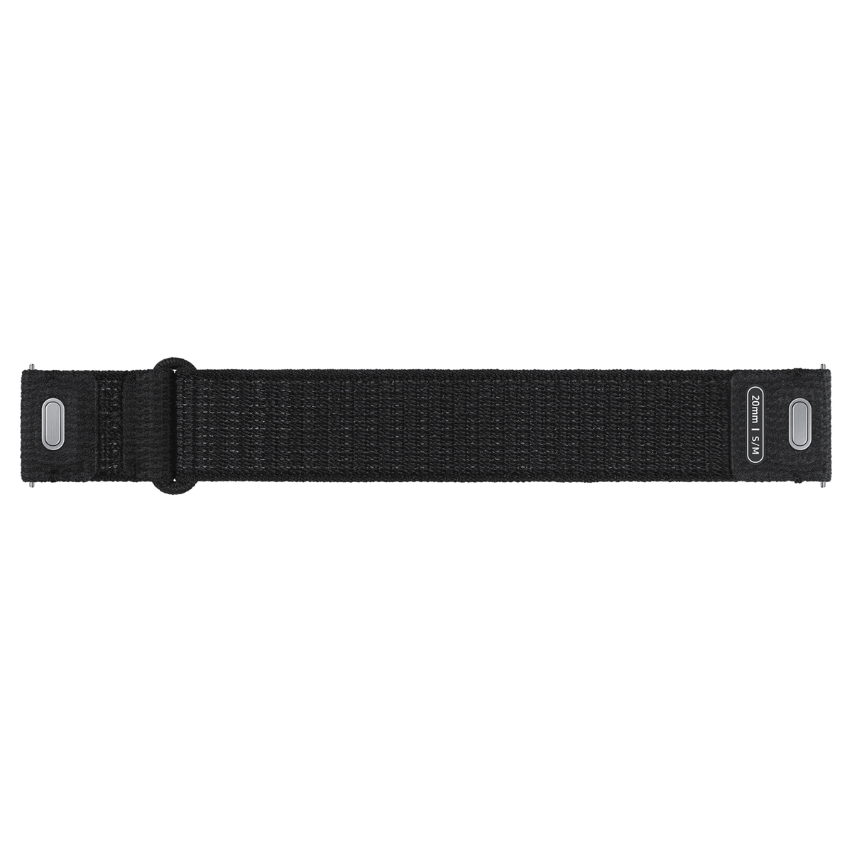 Ein schwarzes Armband aus Stoff. Es hat eine Schnalle an der Seite.