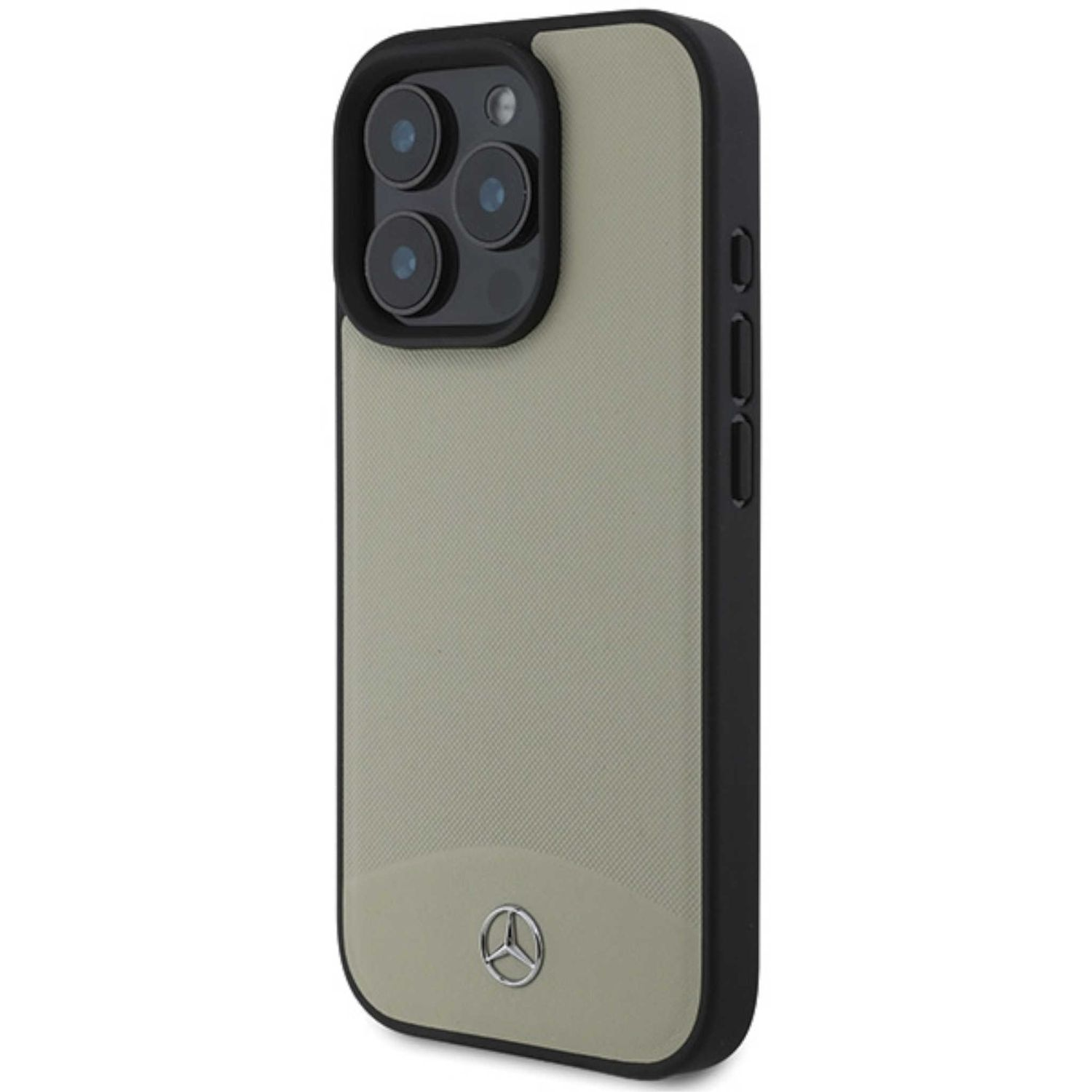 Una custodia per telefono con il logo Mercedes-Benz, sfondo verde-grigio e cornice nera.