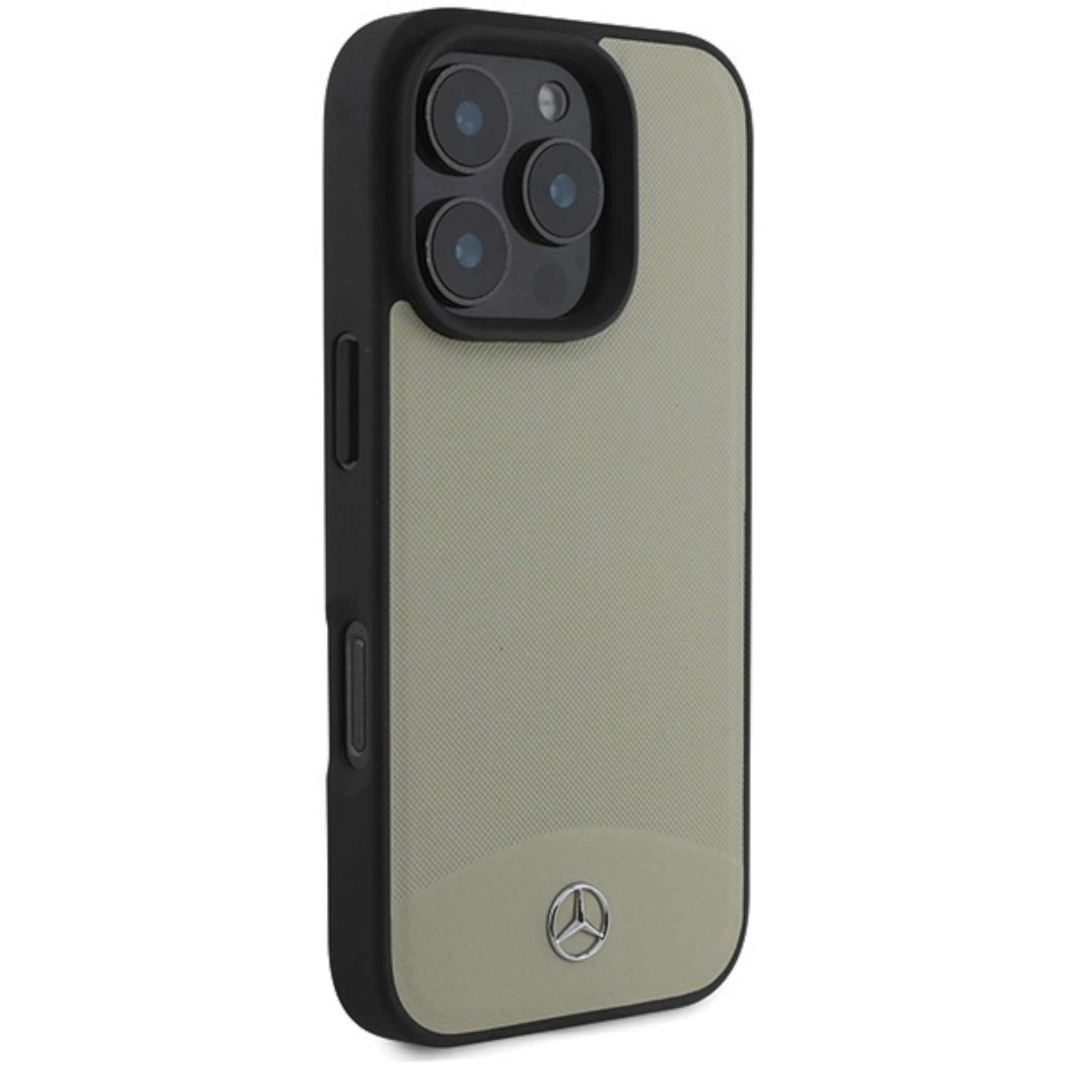Una custodia per telefono con cornice nera e retro beige con logo Mercedes-Benz.
