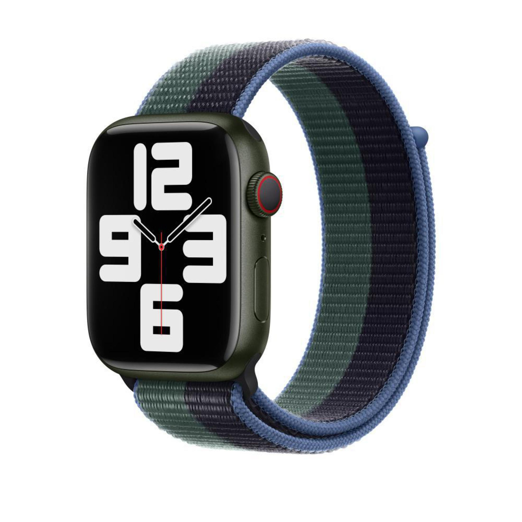 Apple Watch z zielono-niebieskim paskiem w paski. Tarcza zegarka pokazuje godzinę.
