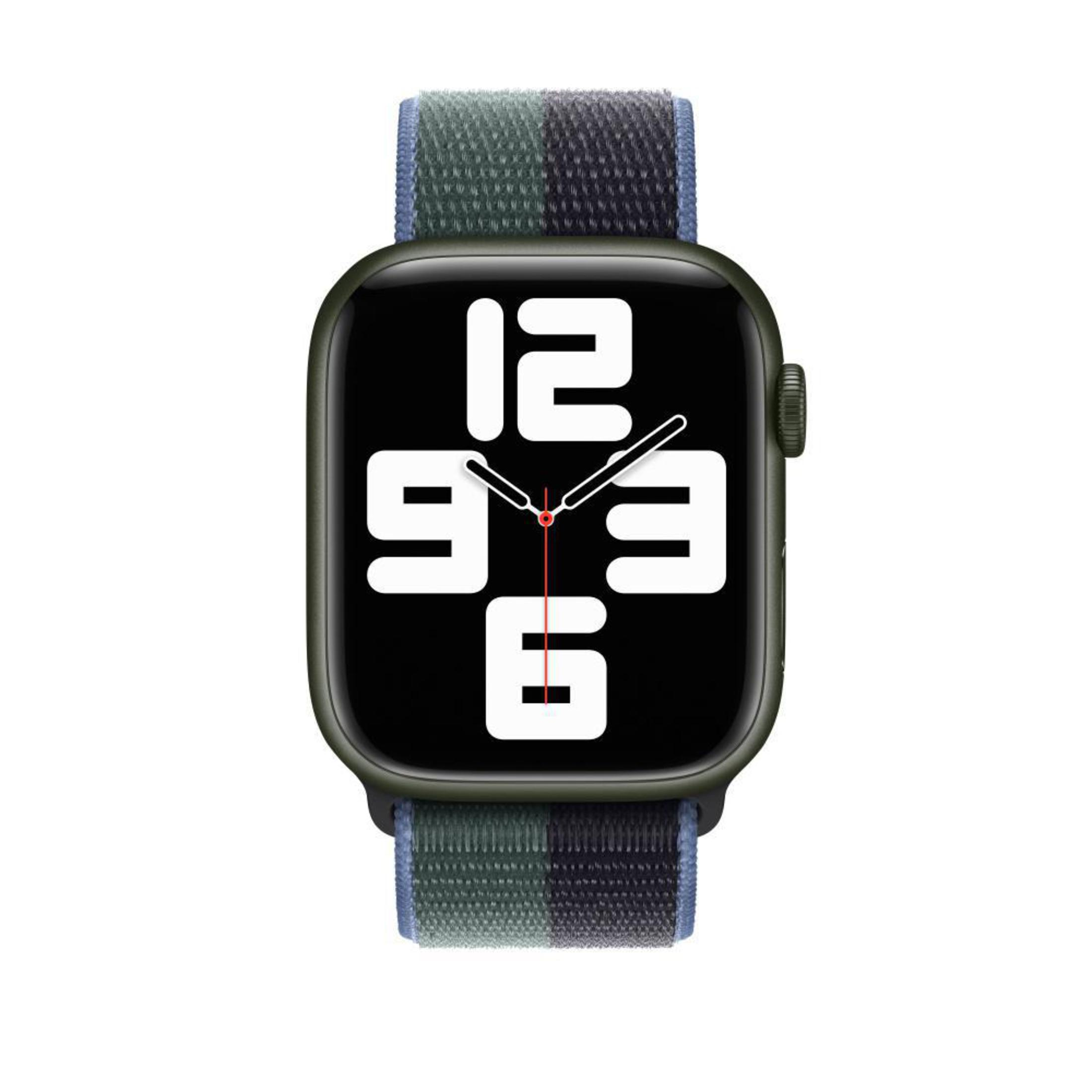 Zielony smartwatch z zielono-niebieskim paskiem w paski. Ekran wyświetla liczby.