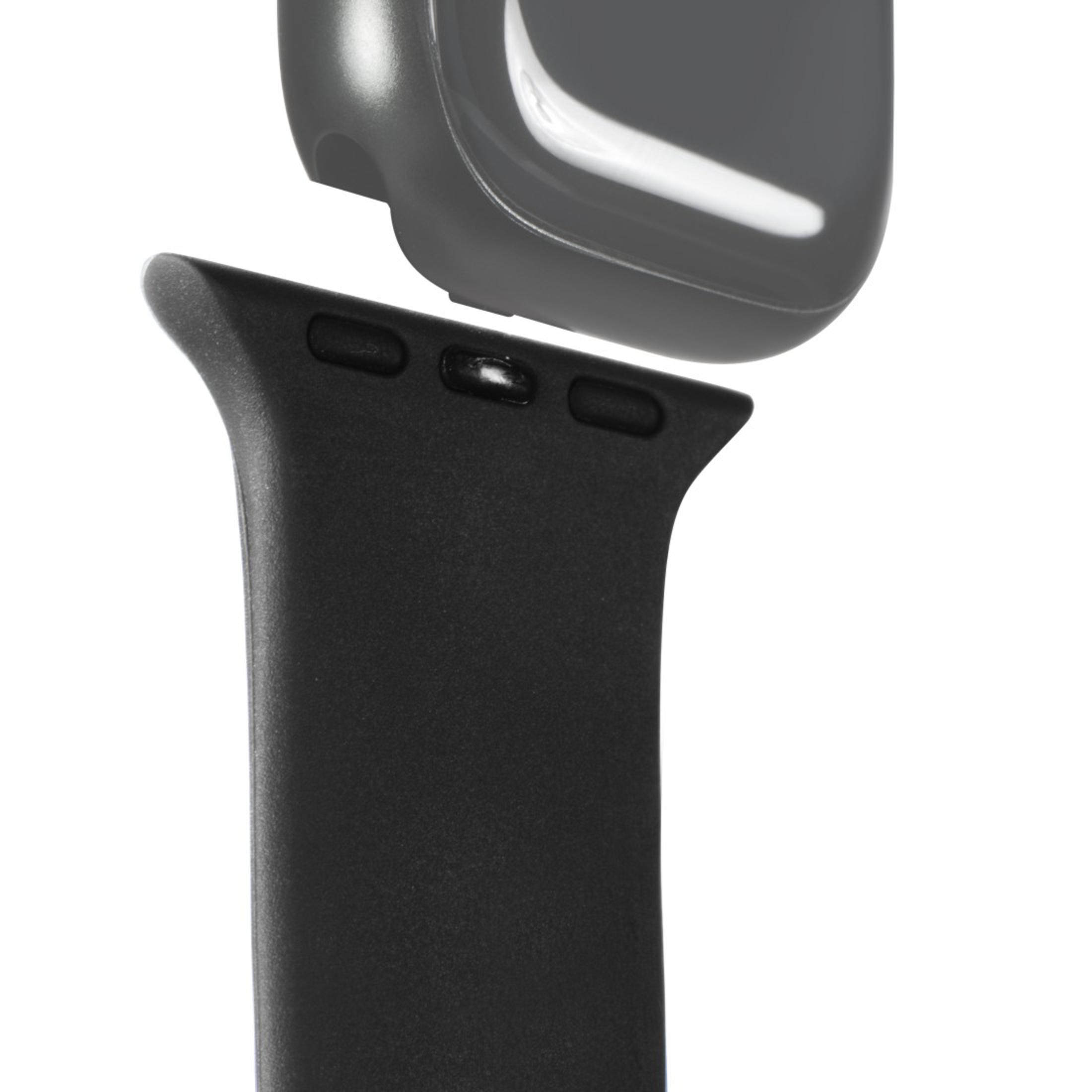 Cinturino nero per Apple Watch staccato dalla cassa grigia dell'orologio. Visibili tre fori per i pulsanti.