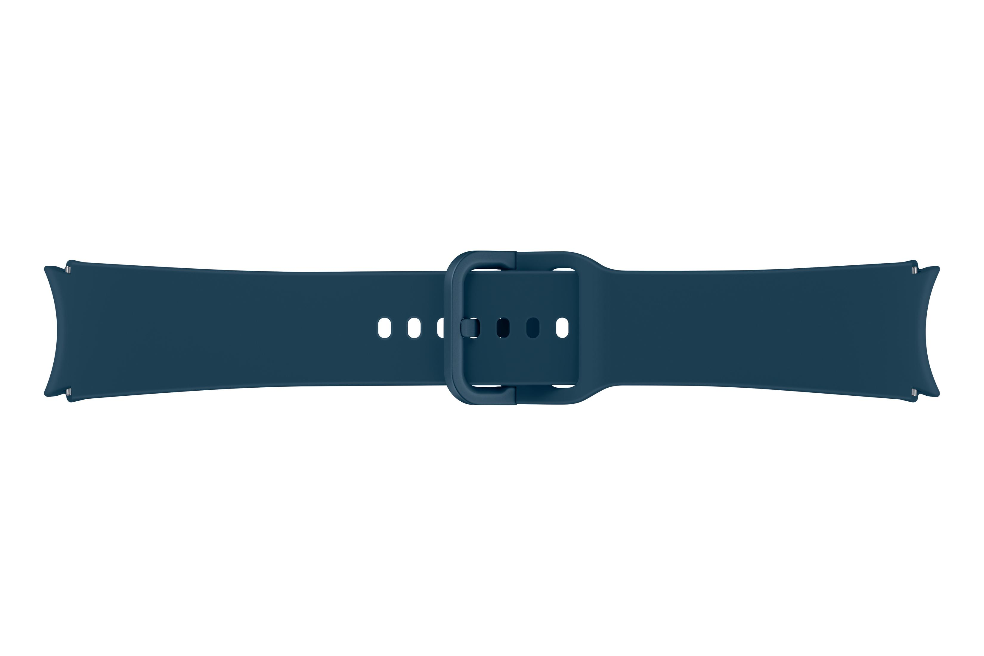 Blaues Uhrenarmband, mit Schnalle, zentriert auf weißem Hintergrund.