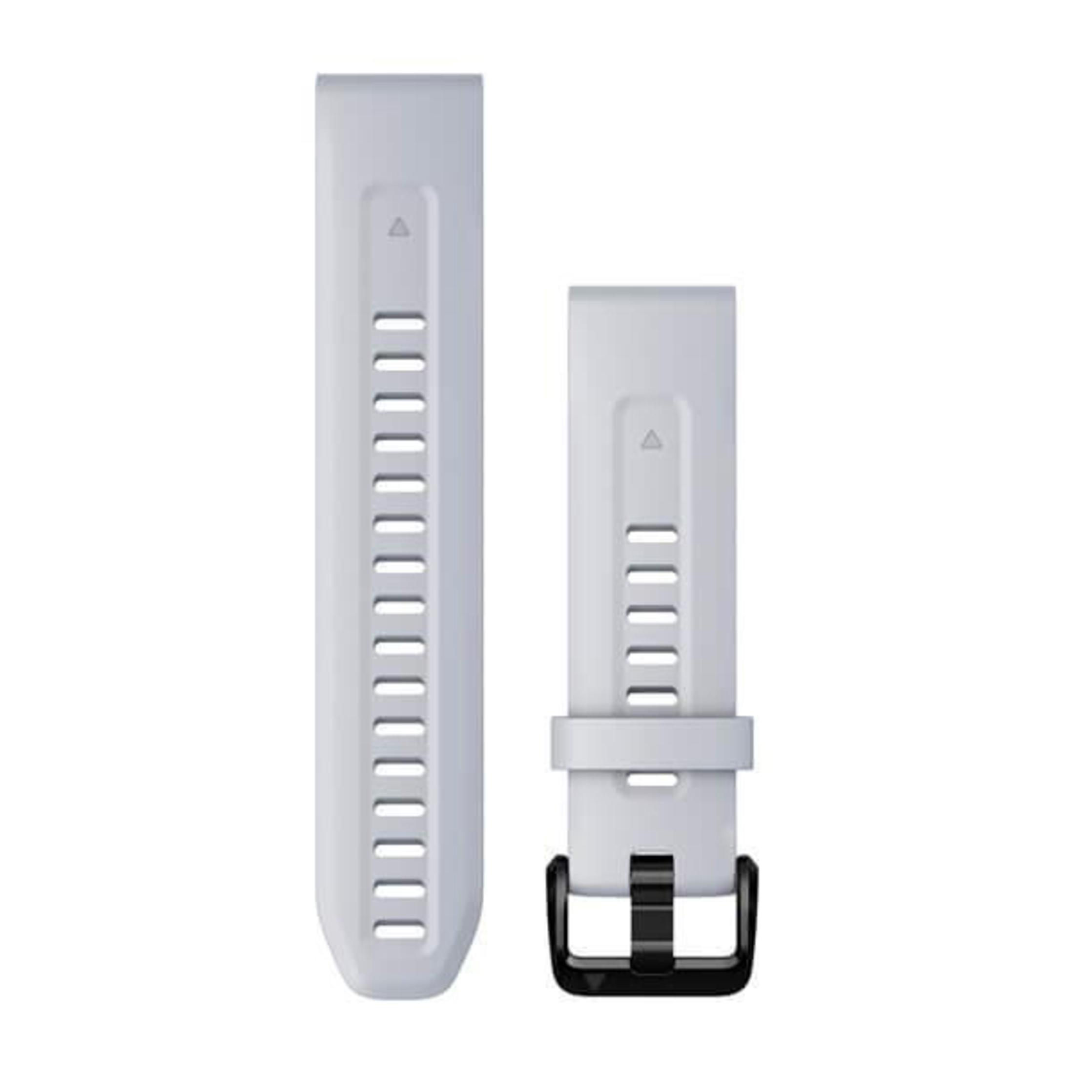 Dwa białe paski do zegarka, jeden długi z otworami i jeden krótki z klamrą, do smartwatcha.