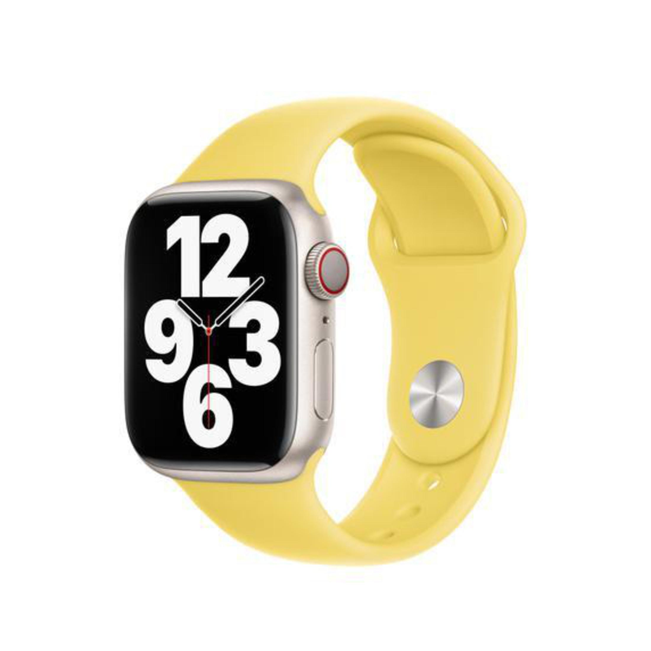 Silver Apple Watch with yellow band, showing the time 12:00. Red button on the side.
