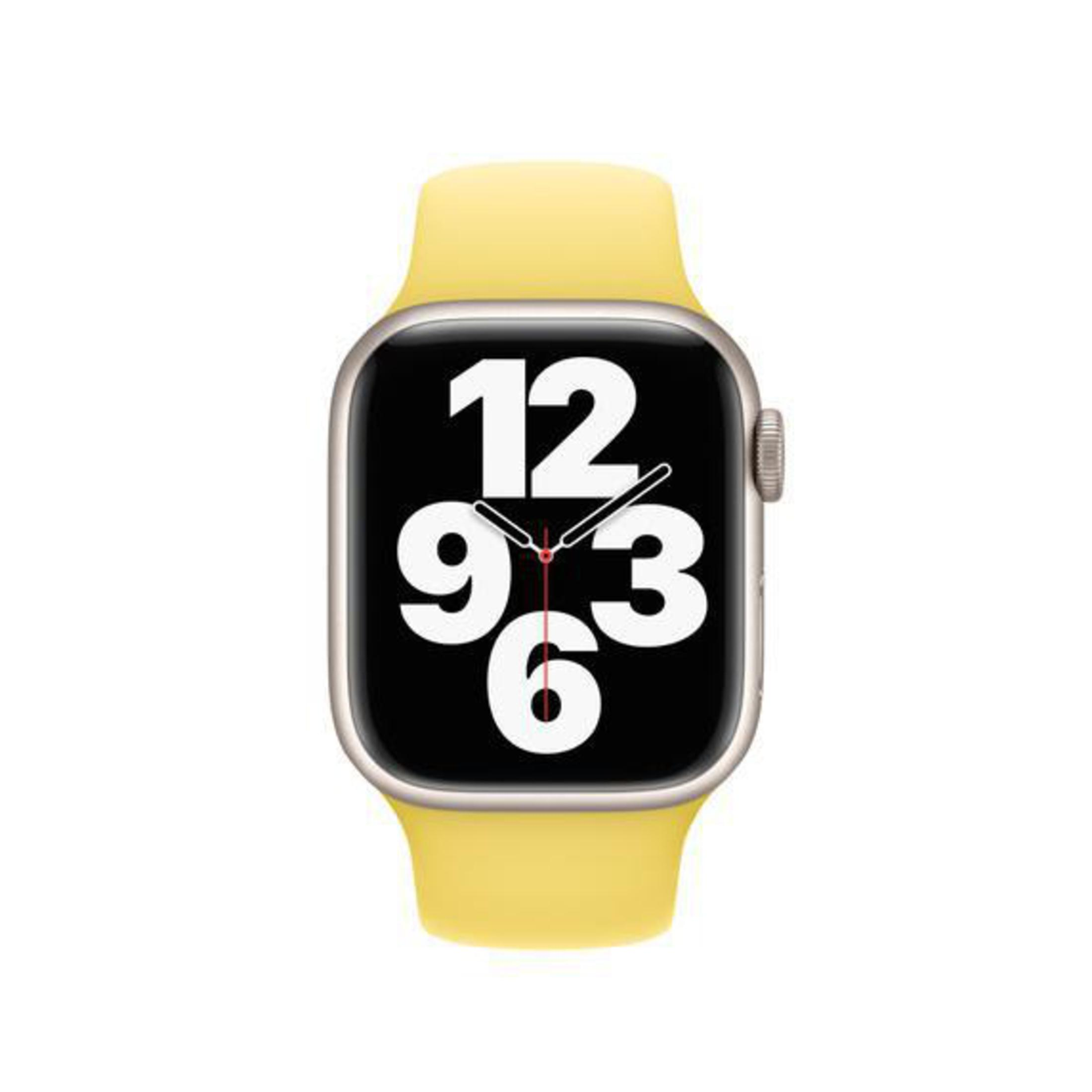 Apple Watch with yellow band, displaying the time 12:03:06 on a black screen, silver case.