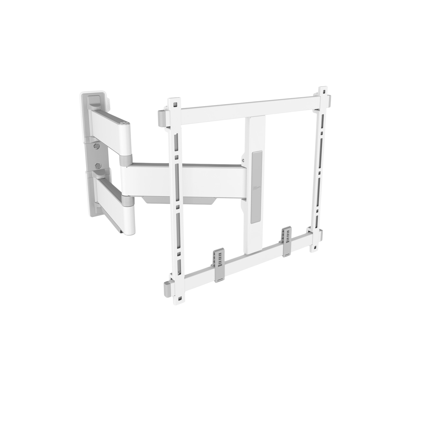 Biały uchwyt do telewizora z przegubowym ramieniem na czarnym tle.