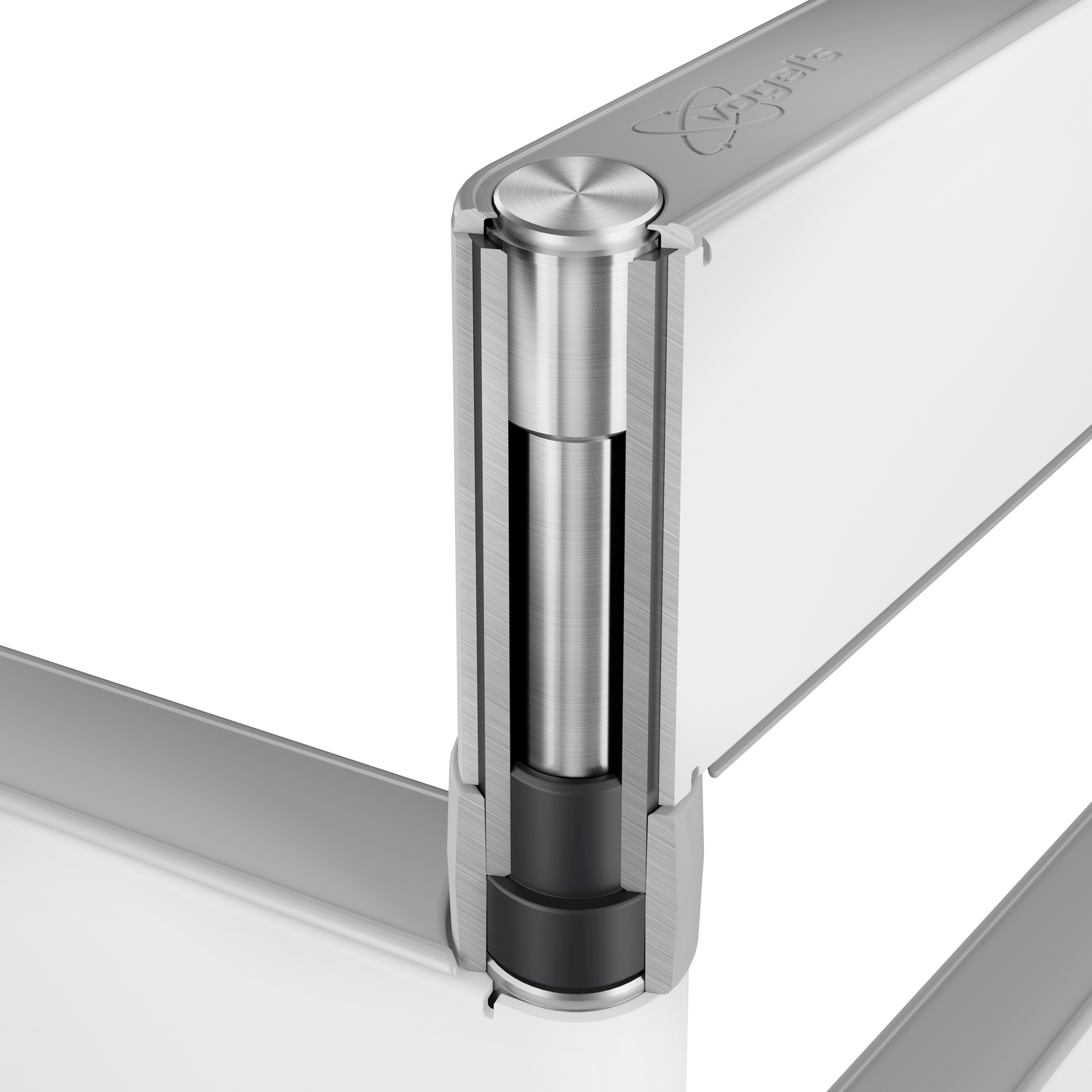 Zbliżenie metalowego mechanizmu zawiasu. Srebrne i czarne elementy.