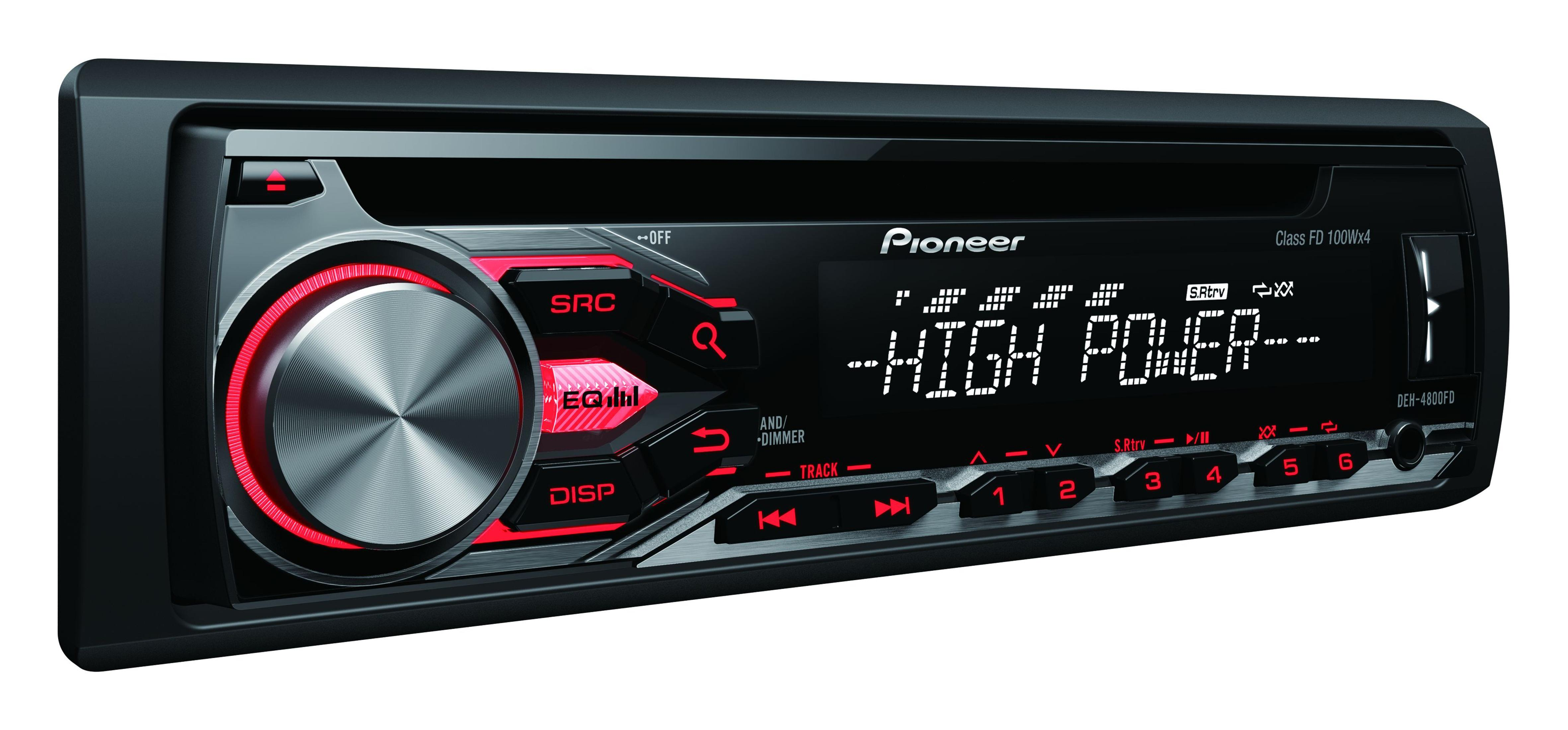 Autoradio mit Pioneer-Label. Es hat Knöpfe, ein Display mit 'HIGH POWER' und ein Rad.
