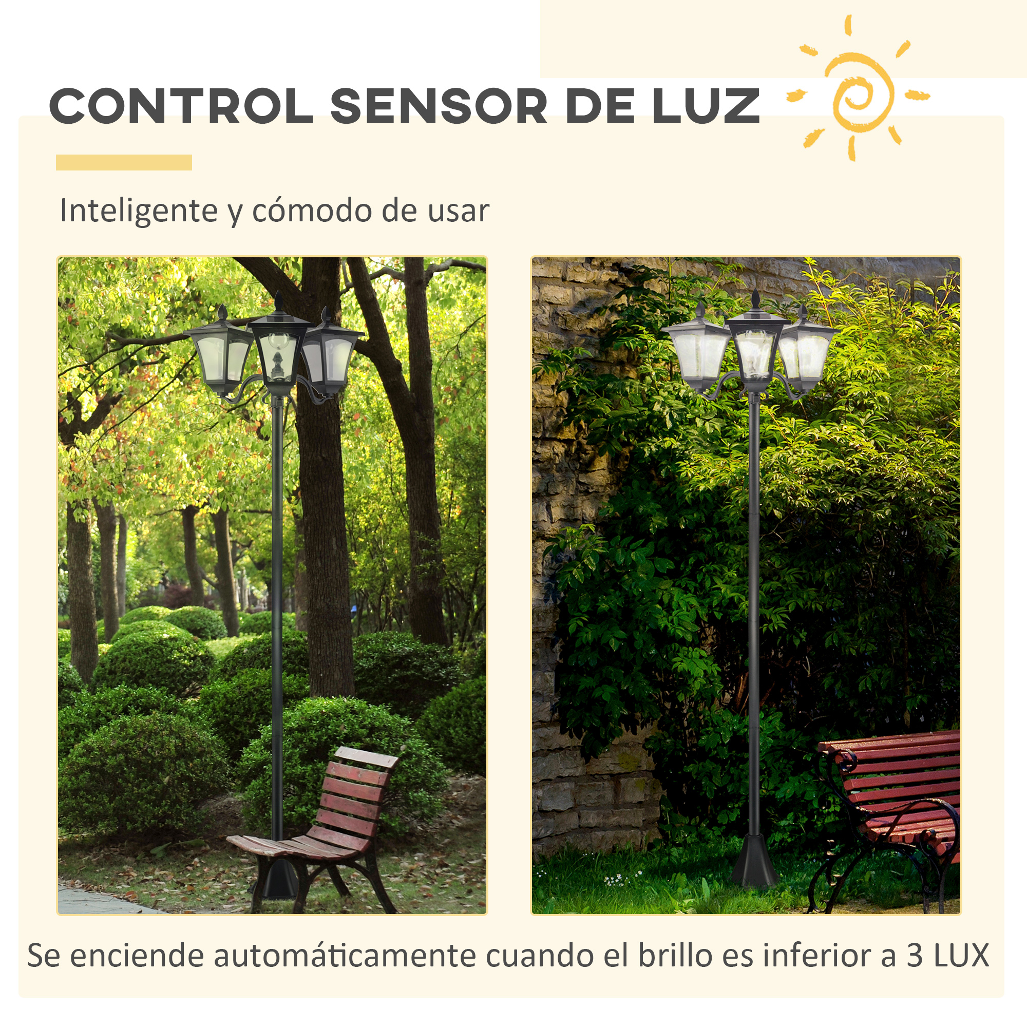 Dos lámparas exteriores, una encendida, en un parque. Texto: Sensor de control de luz. Inteligente y fácil de usar.