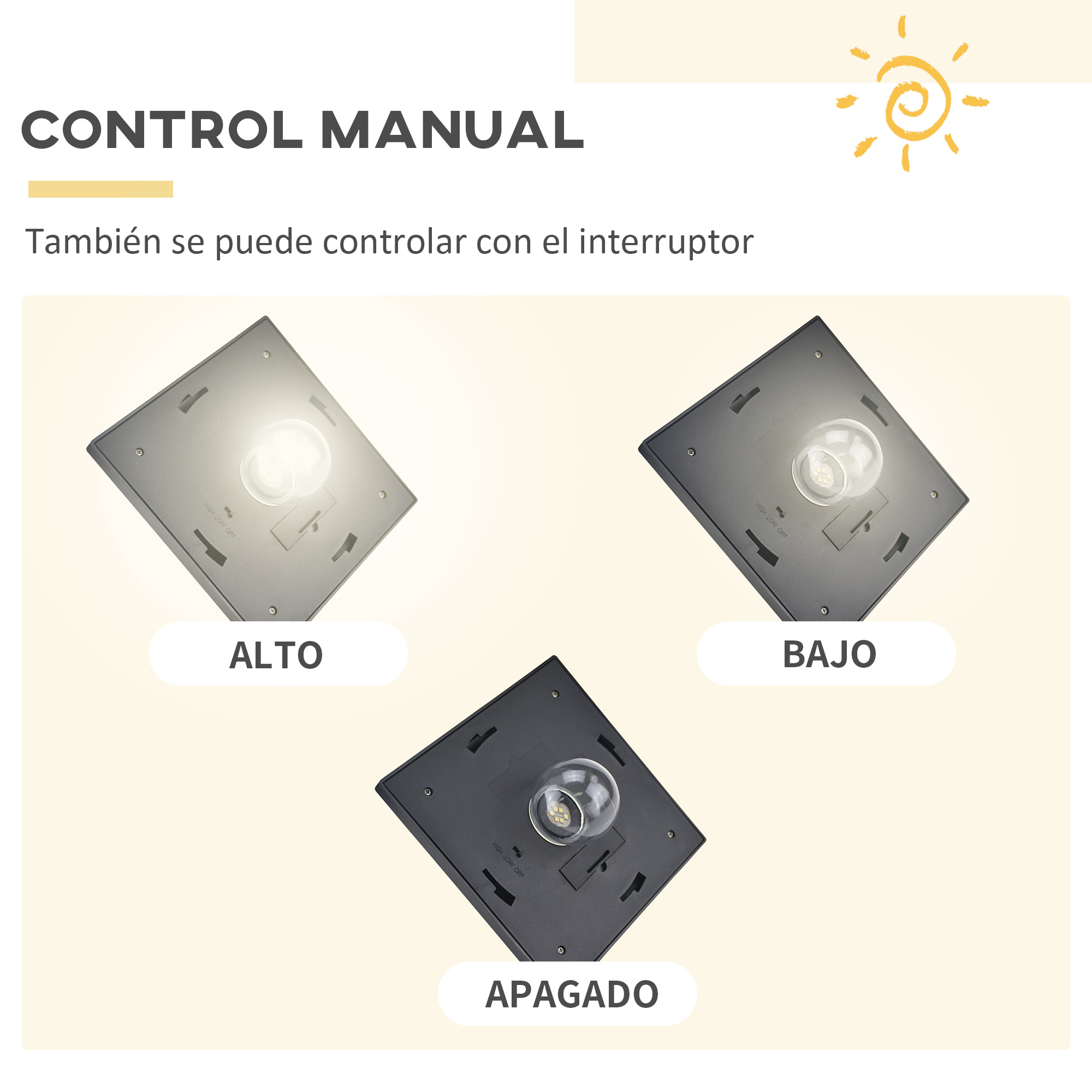 Luces de panel solar con subtítulos en español, alto, bajo y apagado, fondo blanco.