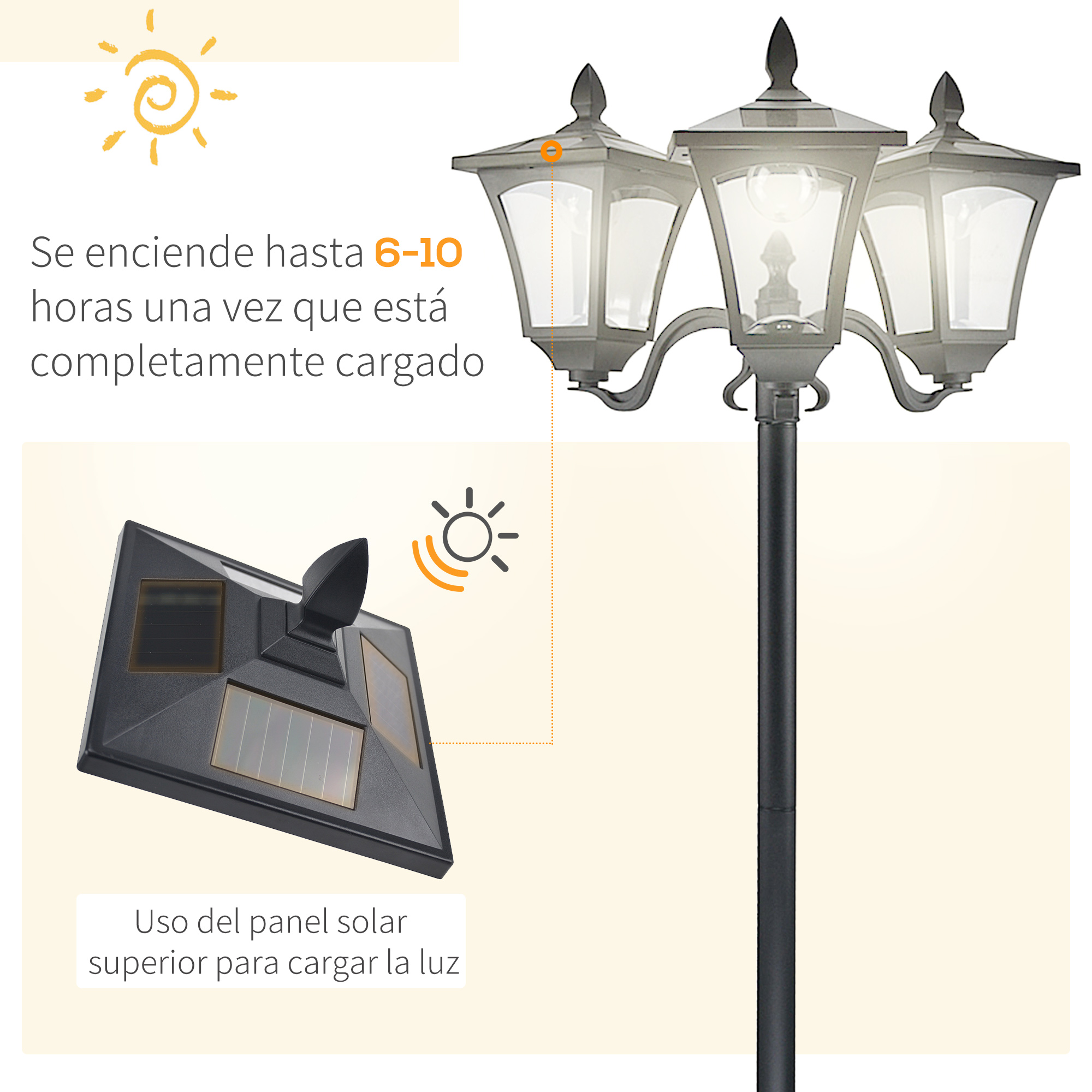 Una lámpara con energía solar con tres luces, con un panel solar en la parte superior.