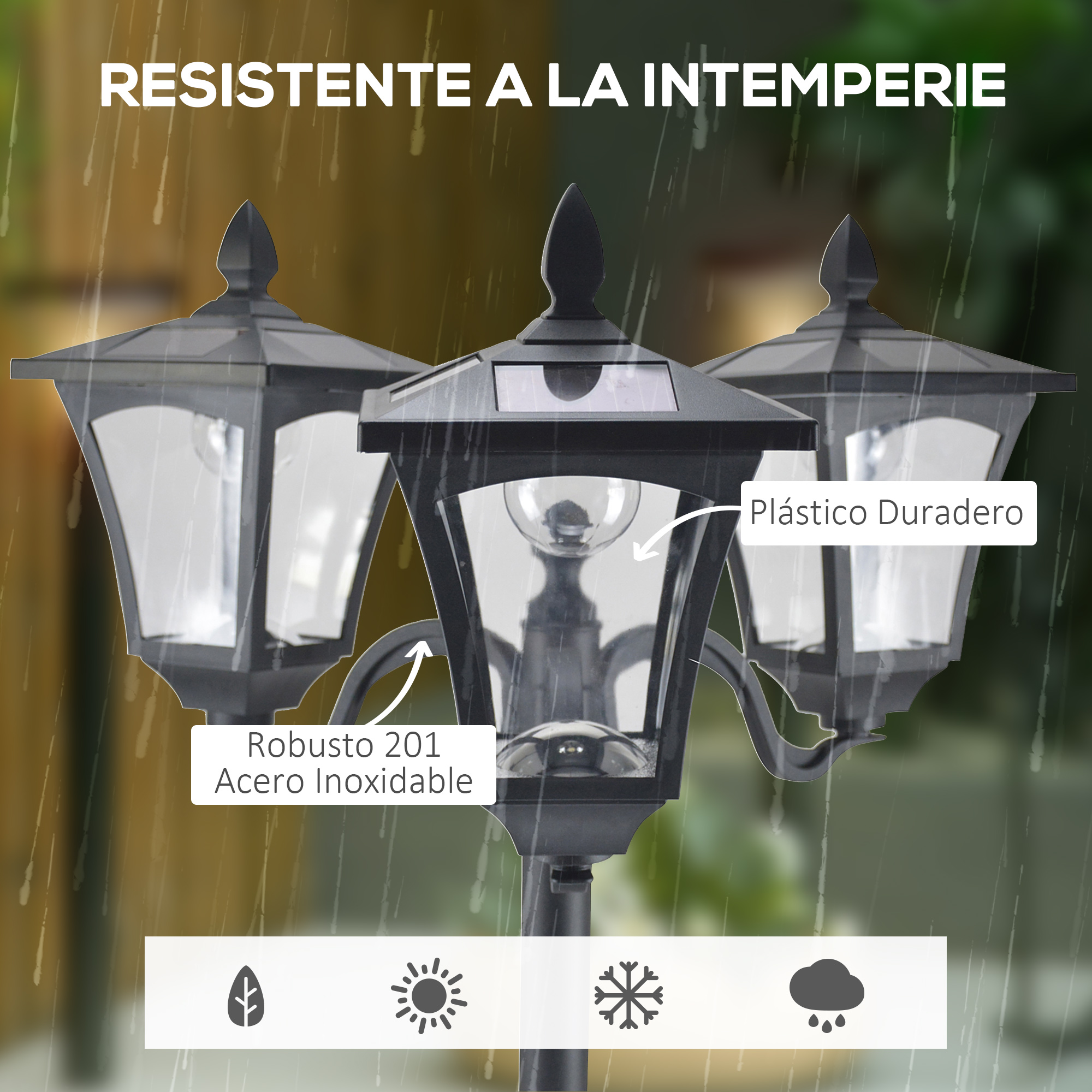 Tres lámparas negras para exteriores, resistentes a la intemperie, con etiquetas que indican plástico duradero y acero inoxidable.