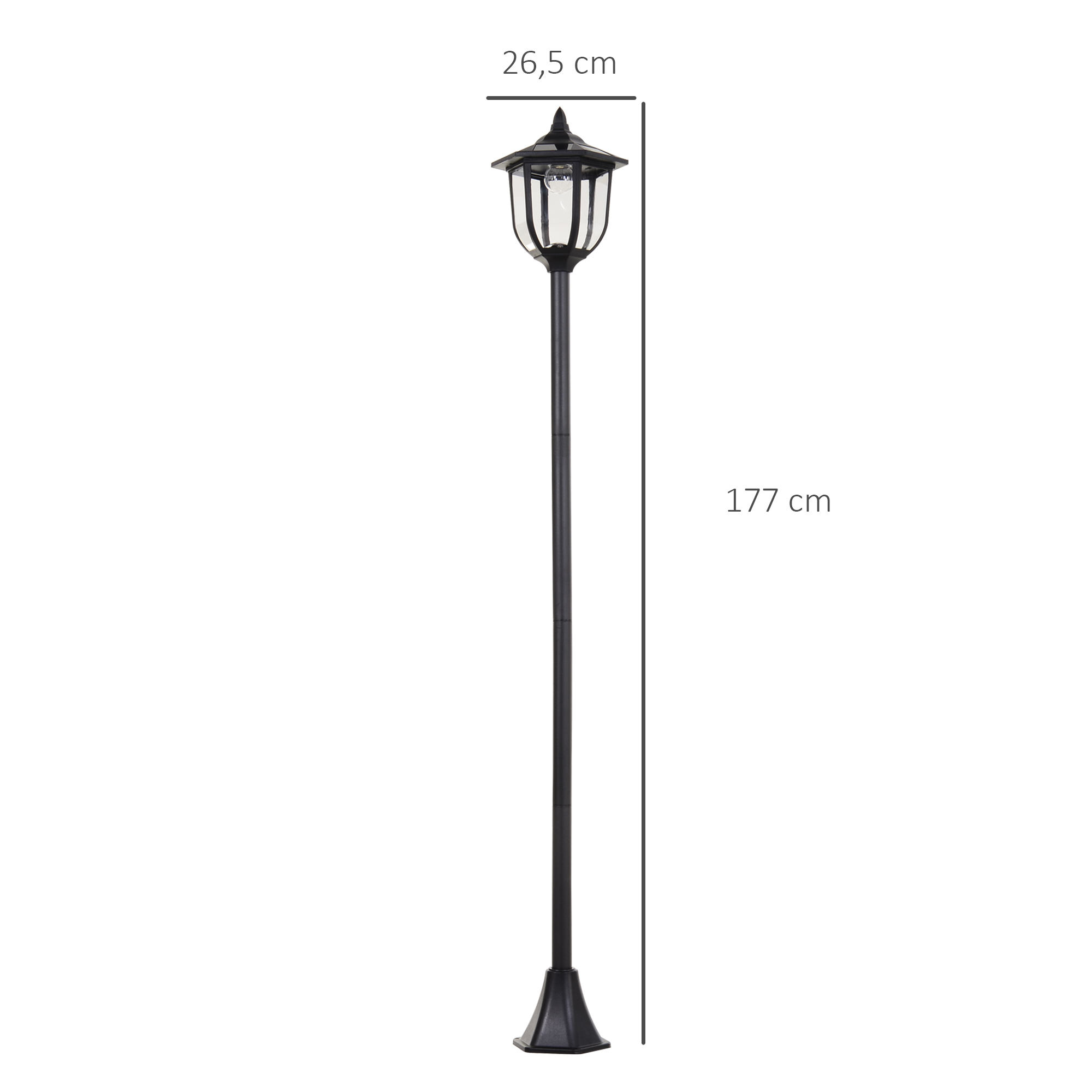 Una farola alta y negra con una parte superior decorativa, y mide 177 cm de altura.