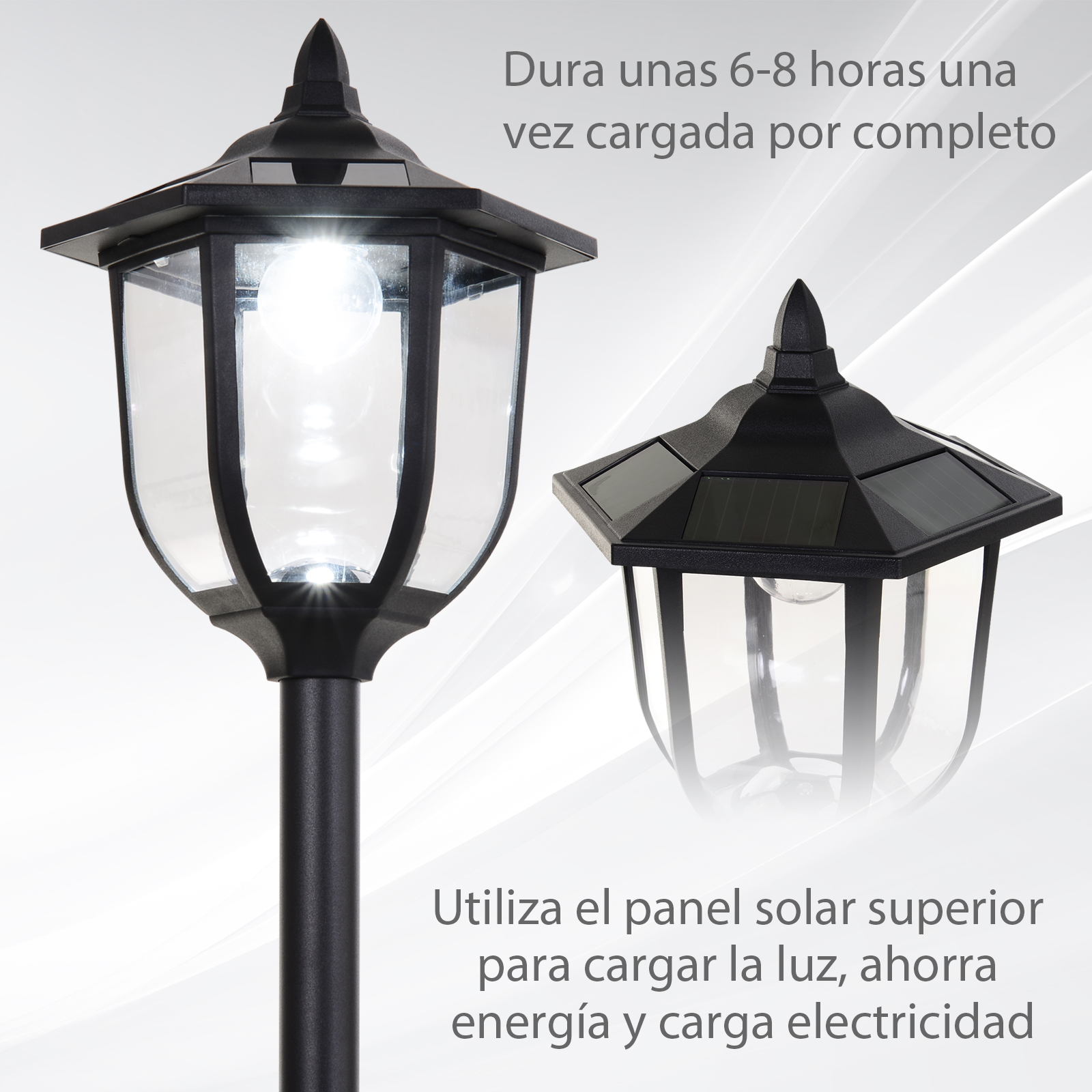 Dos lámparas negras de exterior con paneles de vidrio, una encendida, la otra con panel solar.