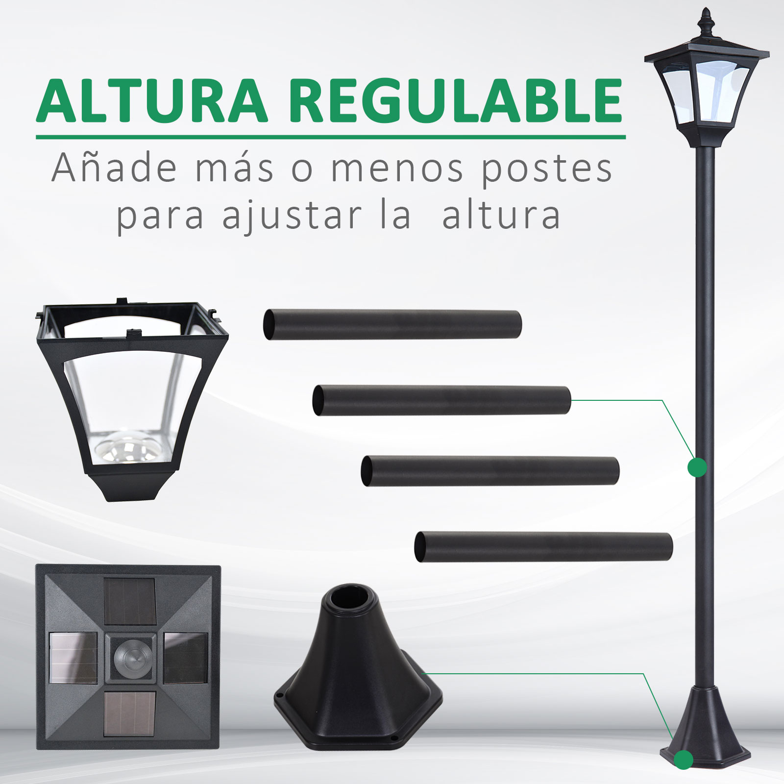 Una farola negra con postes adicionales, un panel solar y una base negra, con texto en español.