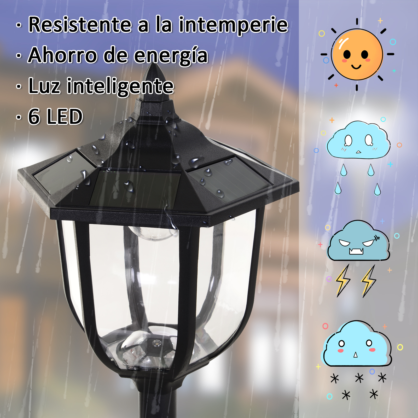 Una farola negra con energía solar y una pantalla de vidrio transparente. Ilustraciones muestran condiciones climáticas.