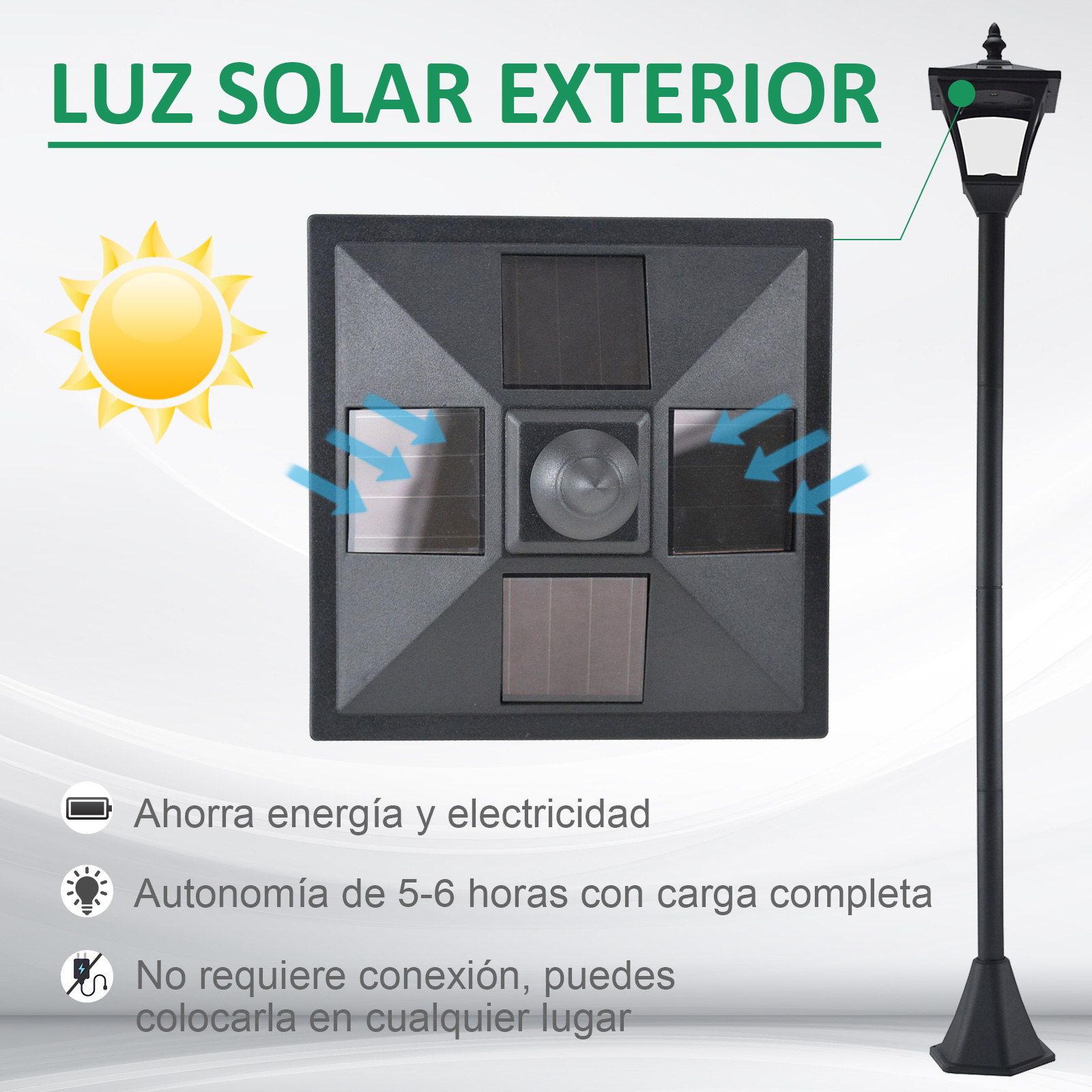 Una luz solar exterior con detalles de sus características.