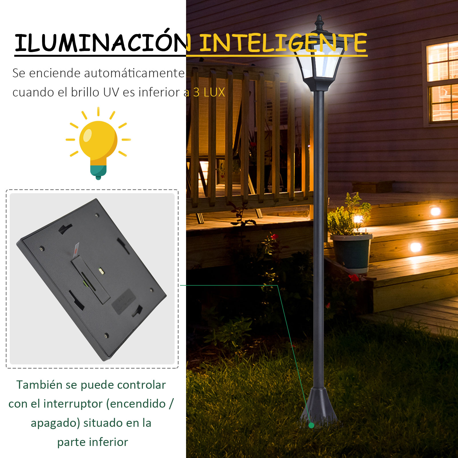 Farola solar con texto, ilustración de bombilla y diagrama.