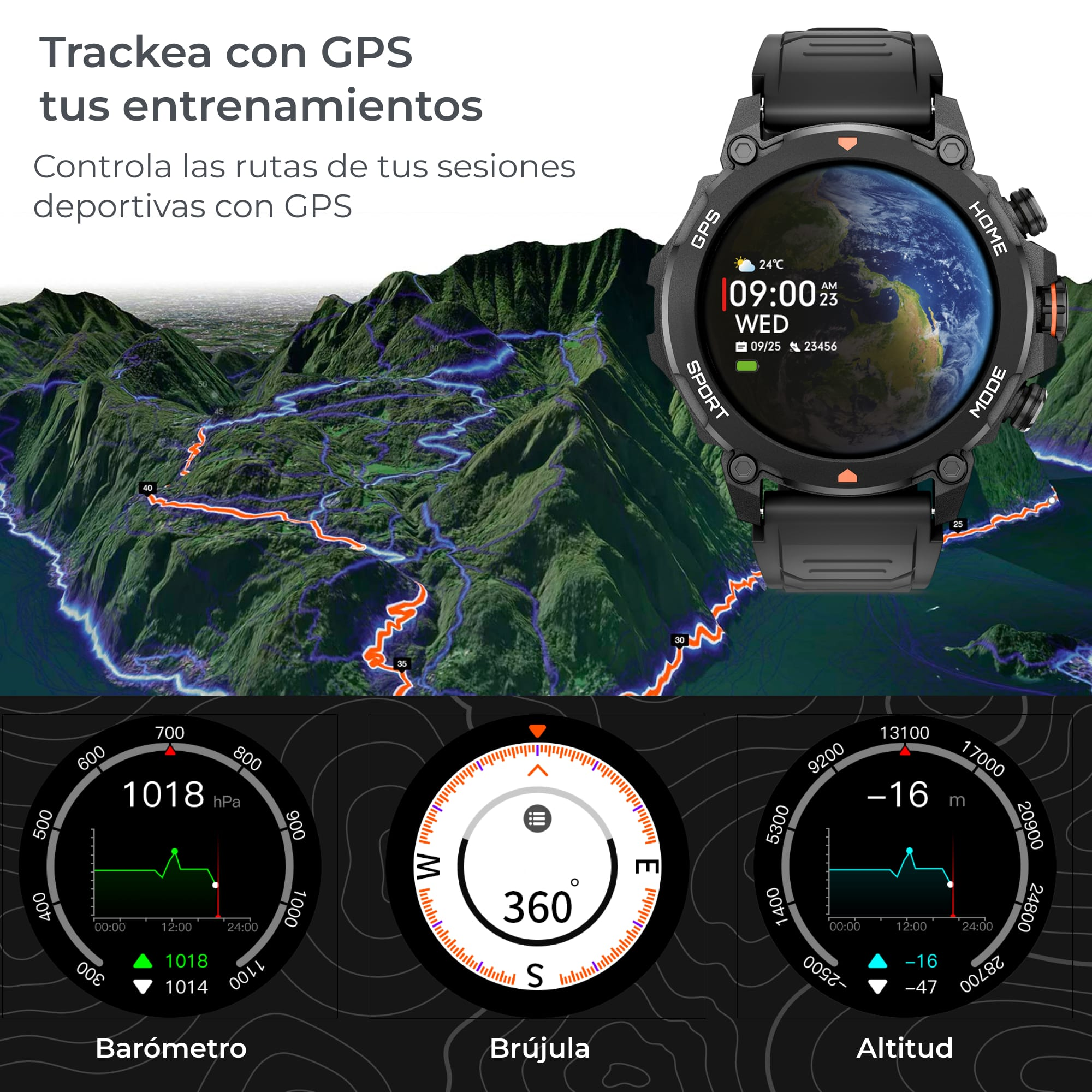 Un smartwatch negro con una pantalla de mapa y tres pantallas de datos adicionales debajo.